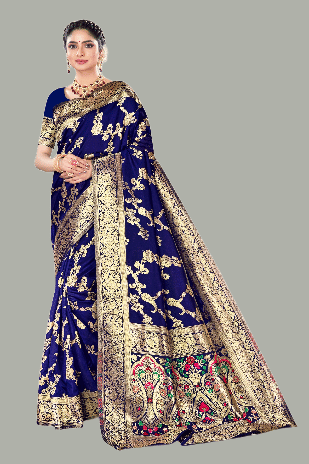 GARIYA Banarasi Silk Embellished Saree With Unstitched Blouse Piece ( Navy Blue ) - Sarees | Buy online on ZillyBuy