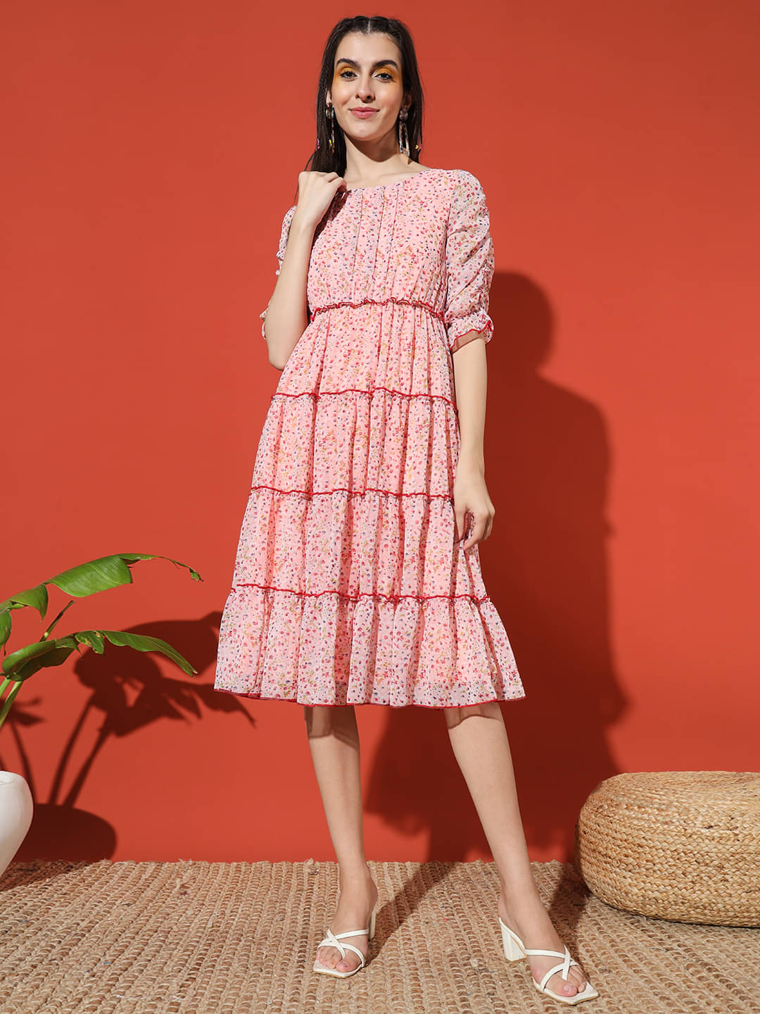 Glito Women Chiffon Printed Fit & Flare Dress ( Pink ) Glito Women Chiffon Printed Fit & Flare Dress ( Pink )