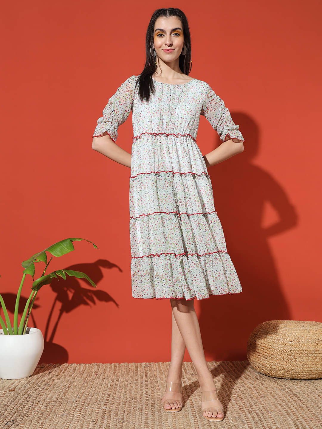 Glito Women Chiffon Printed Fit & Flare Dress ( Light Blue ) Glito Women Chiffon Printed Fit & Flare Dress ( Light Blue )