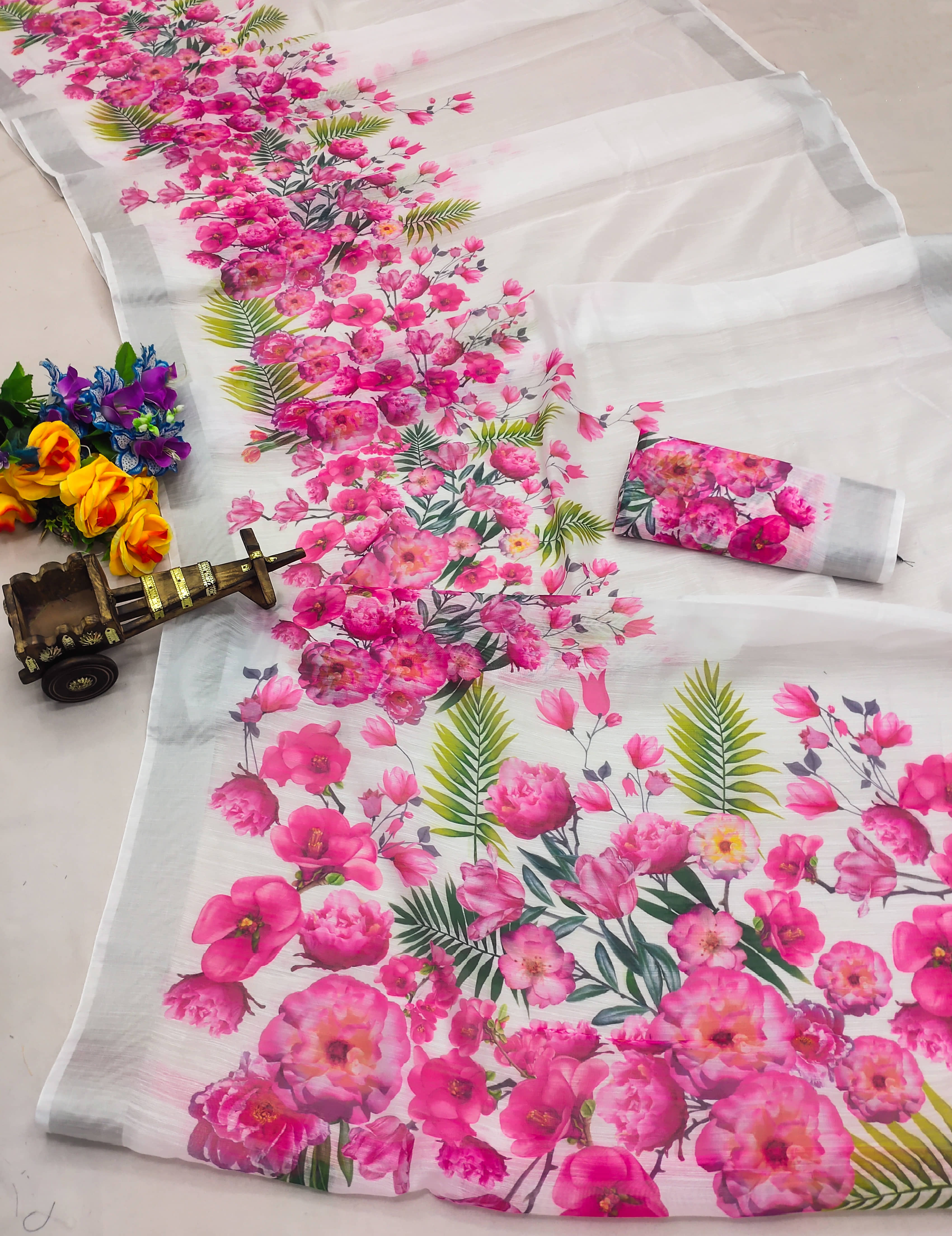 HEMA SILK MILLS Cotton Printed Saree With Unstitched Blouse Piece ( White ) - Sarees | Buy online on ZillyBuy