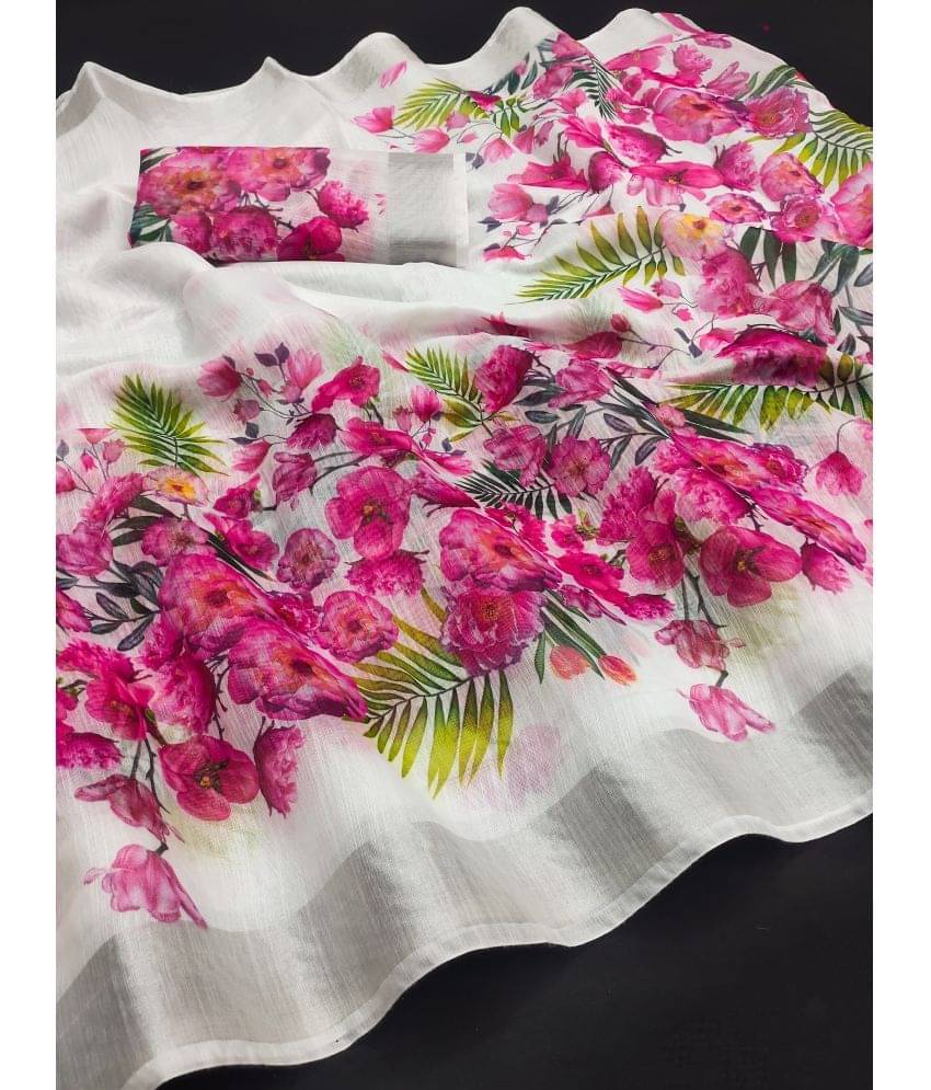     			HEMA SILK MILLS Cotton Printed Saree With Unstitched Blouse Piece ( White )