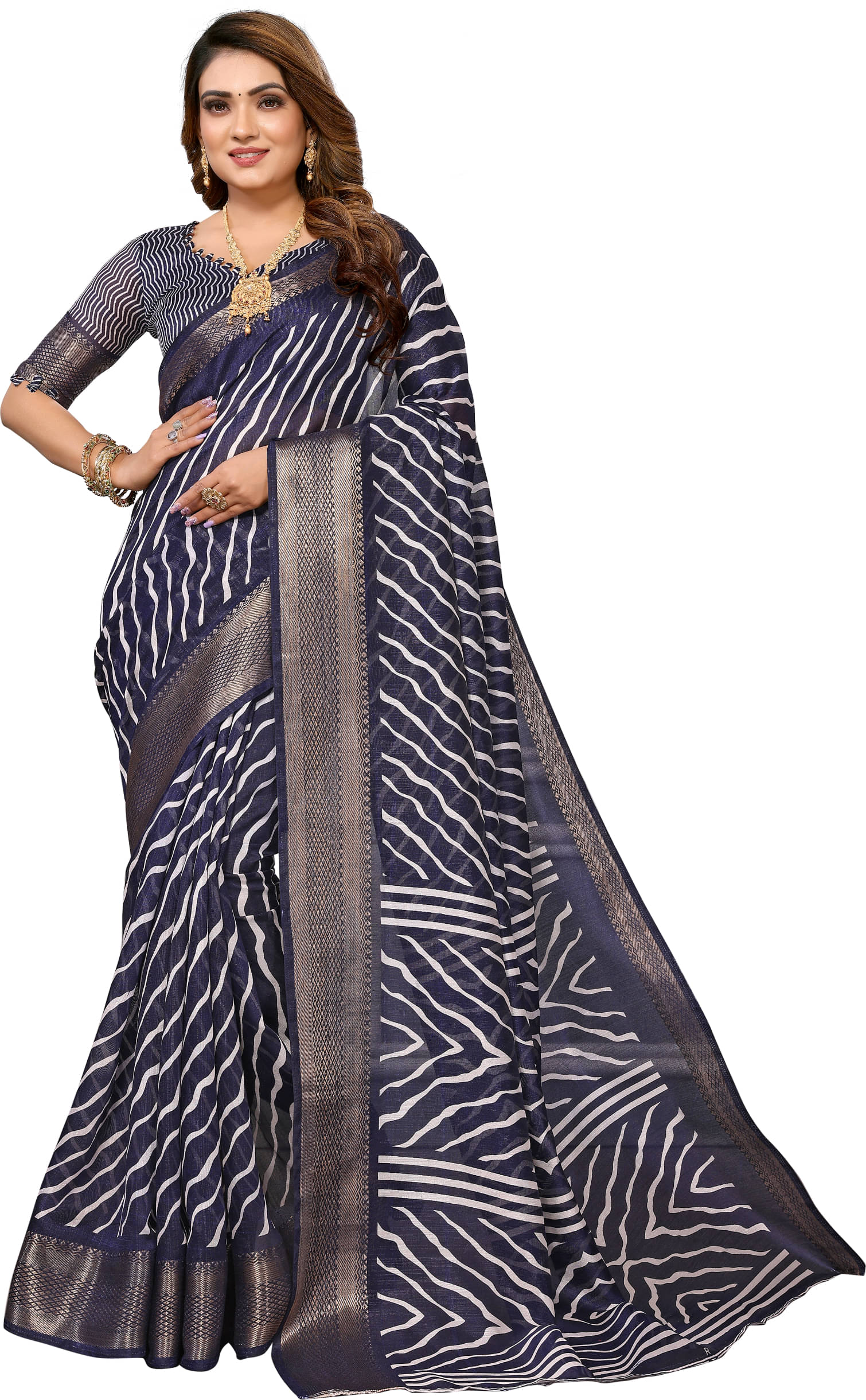     			HEMA SILK MILLS Cotton Silk Embellished Saree With Unstitched Blouse Piece ( Navy Blue )