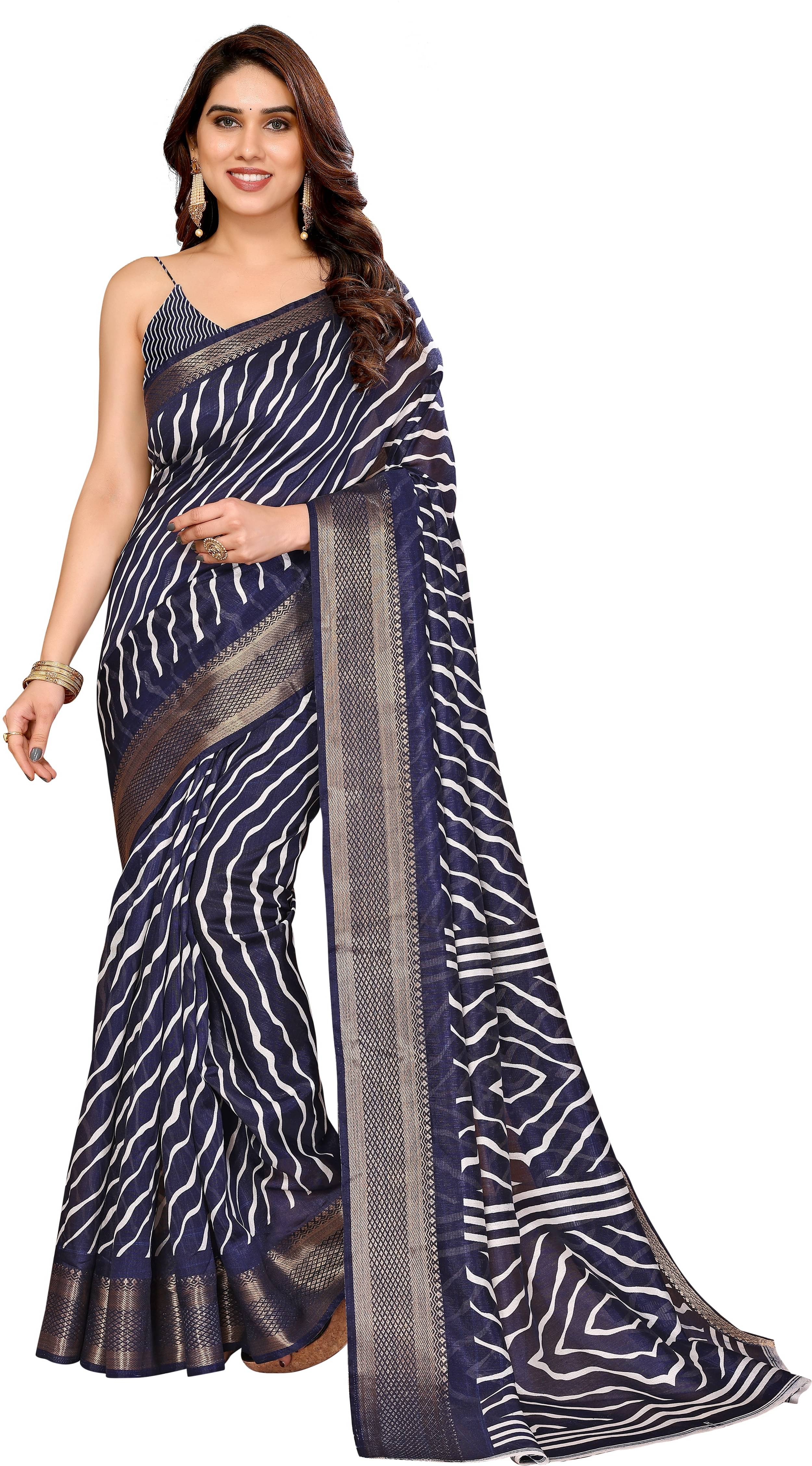     			HEMA SILK MILLS Cotton Silk Printed Saree With Unstitched Blouse Piece ( Navy Blue )