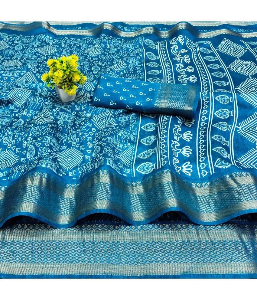 HEMA SILK MILLS Cotton Silk Printed Saree With Unstitched Blouse Piece ( Blue ) HEMA SILK MILLS Cotton Silk Printed Saree With Unstitched Blouse Piece ( Blue )