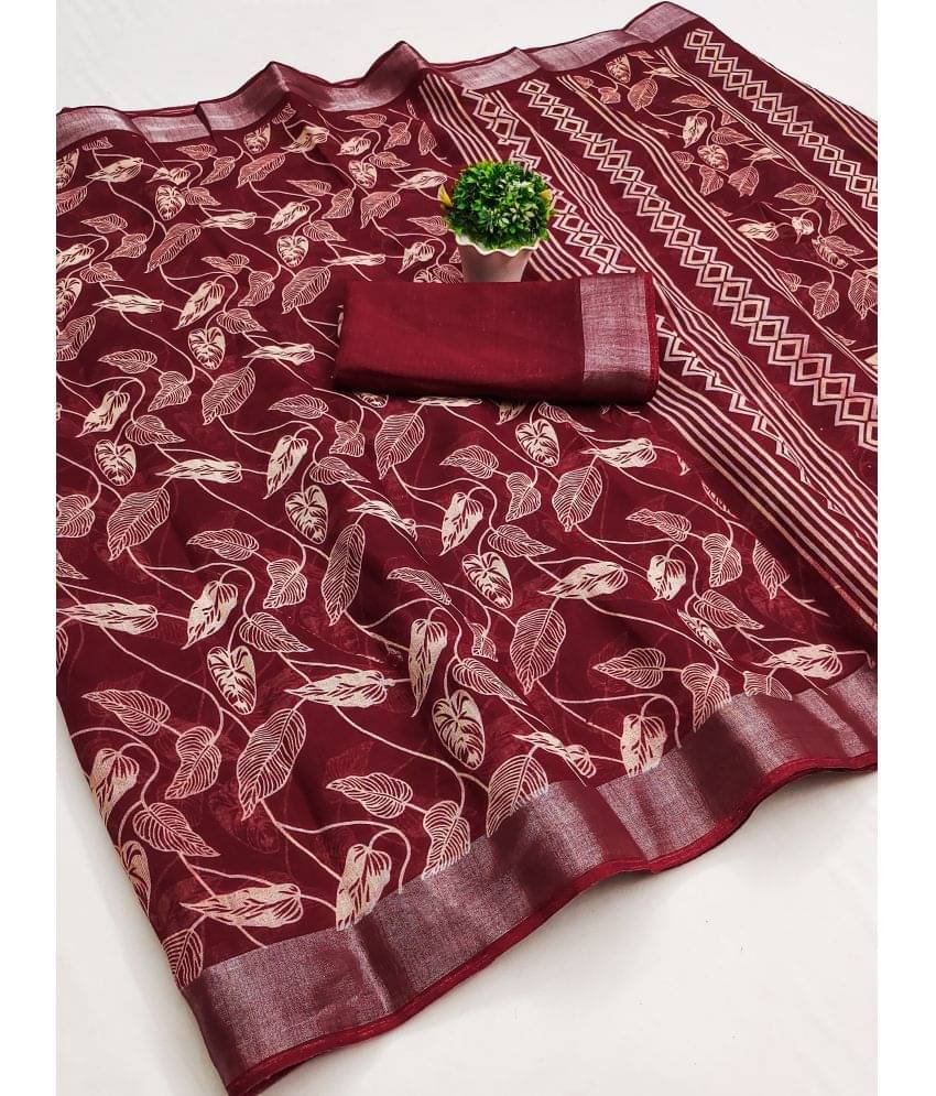 HEMA SILK MILLS Linen Printed Saree With Unstitched Blouse Piece ( Maroon )     			HEMA SILK MILLS Linen Printed Saree With Unstitched Blouse Piece ( Maroon )