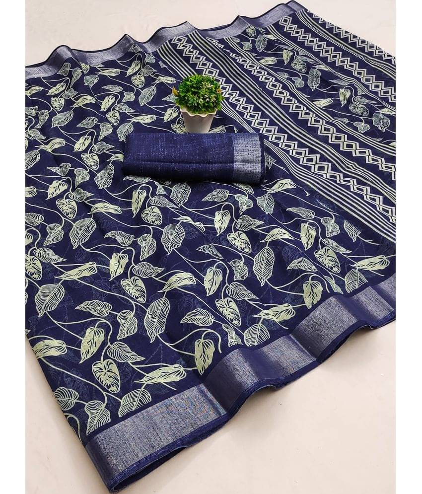     			HEMA SILK MILLS Linen Printed Saree With Unstitched Blouse Piece ( Blue )