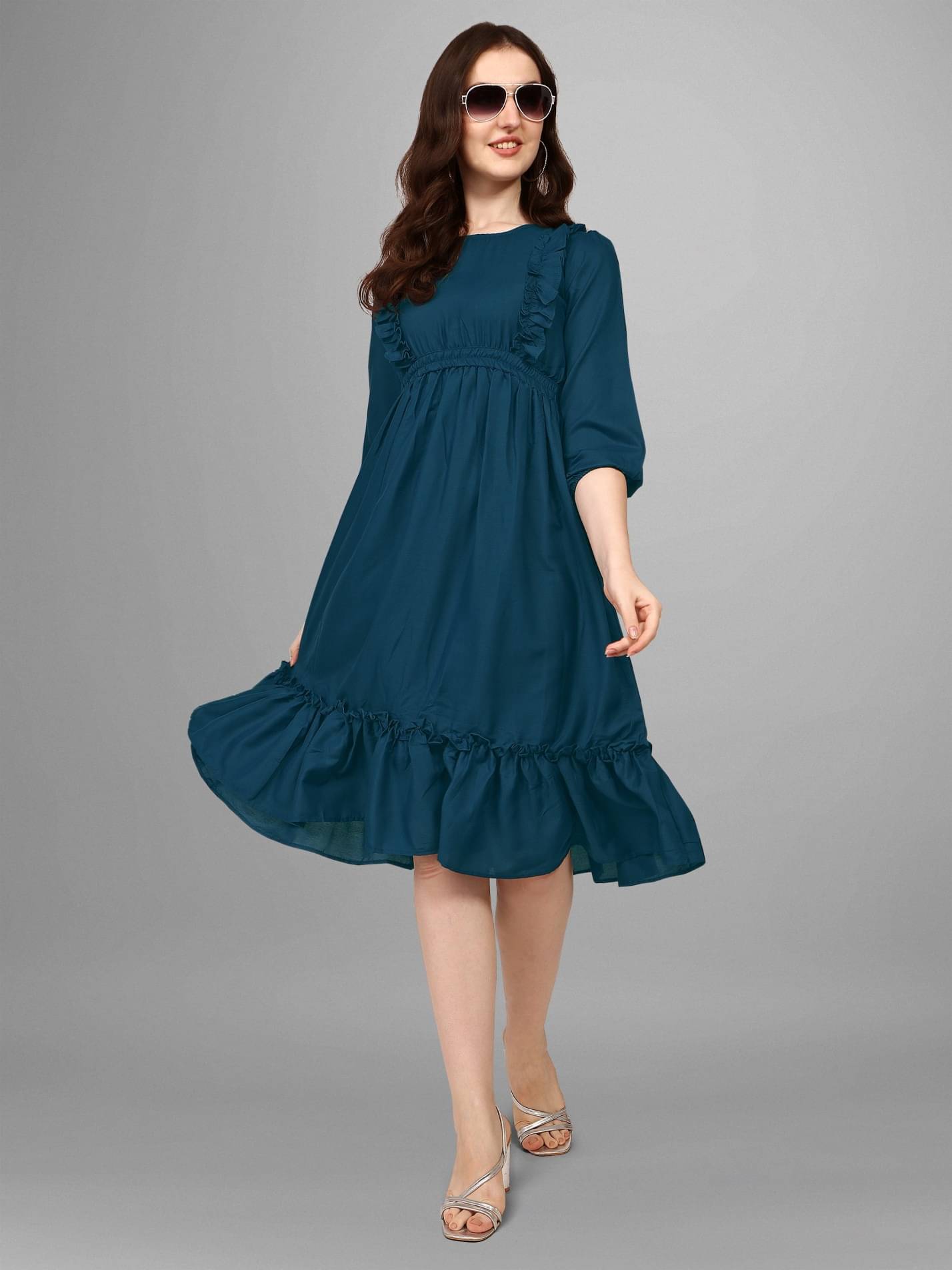 JASH CREATION Women Polyester Solid Fit & Flare Dress ( Blue ) JASH CREATION Women Polyester Solid Fit & Flare Dress ( Blue )