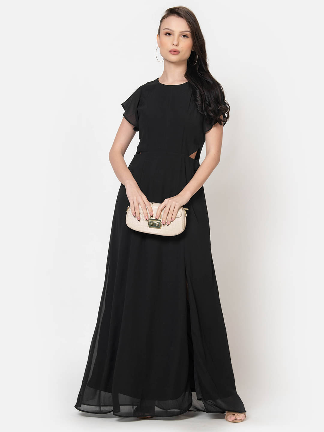 June 9 Clothing Women Georgette Solid Side Slit Dress ( Black ) June 9 Clothing Women Georgette Solid Side Slit Dress ( Black )