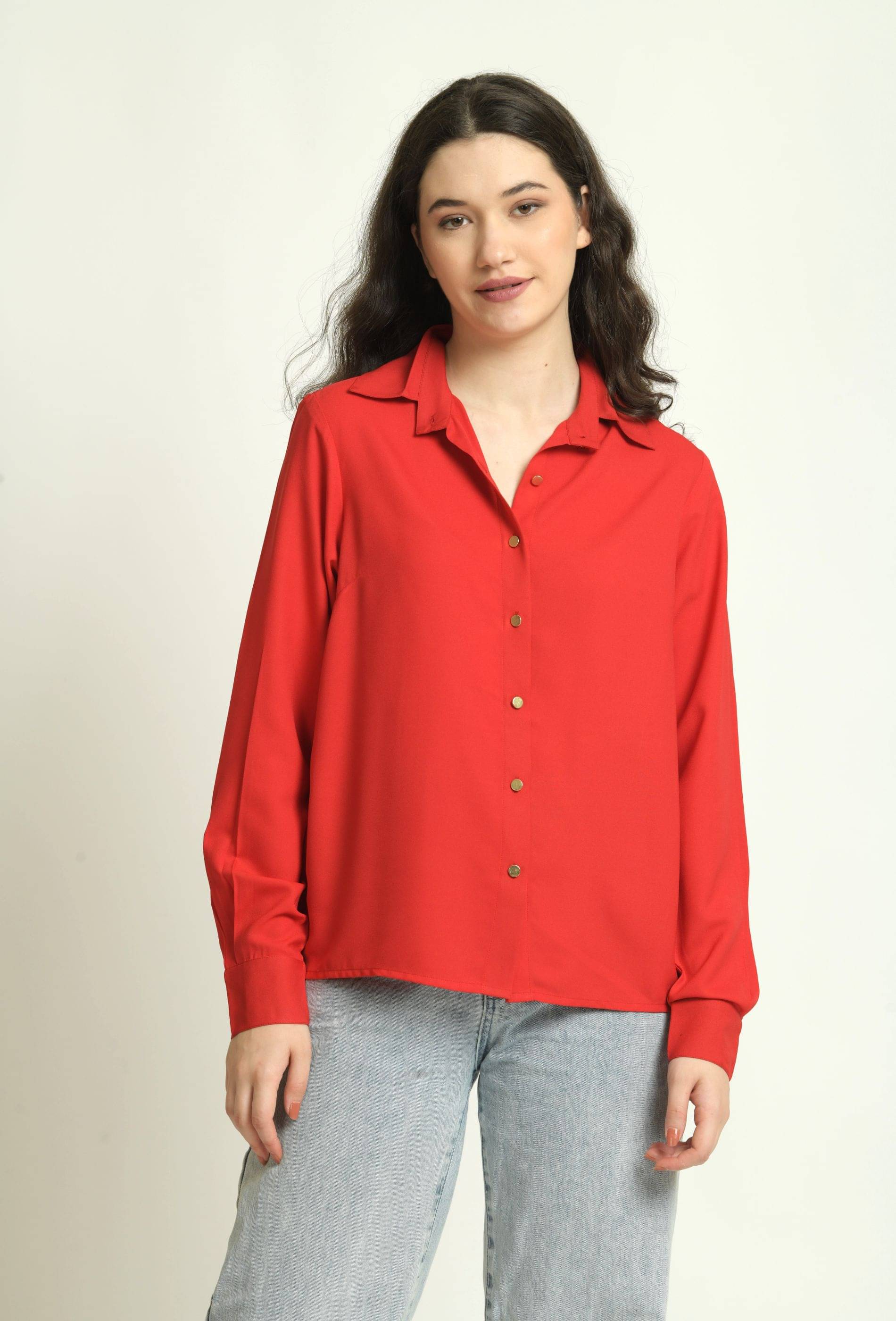     			June 9 Clothing Women Solid Polyester Shirt ( Red )