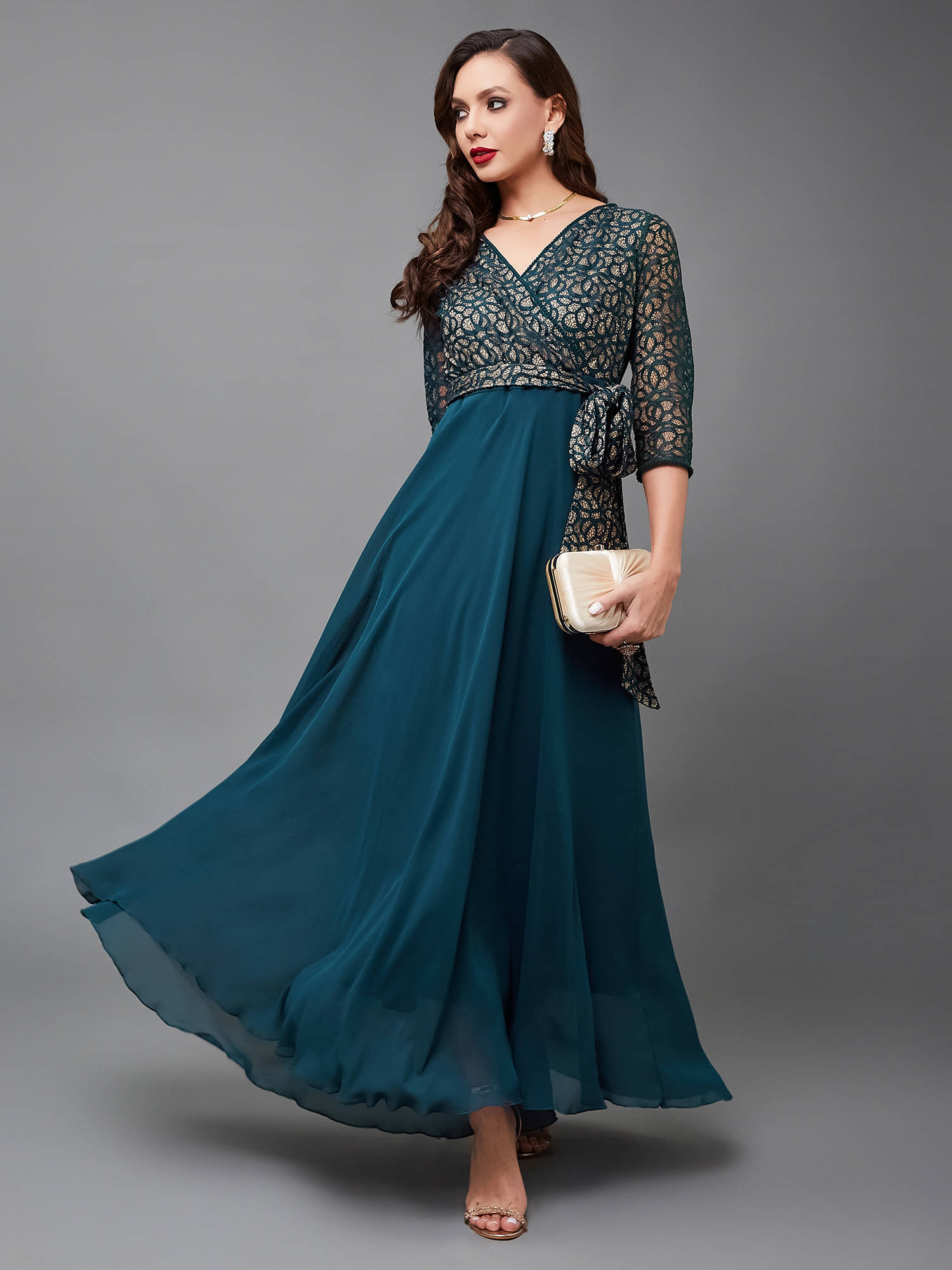     			Miss Chase Women Georgette Printed Wrap Dress ( Teal )