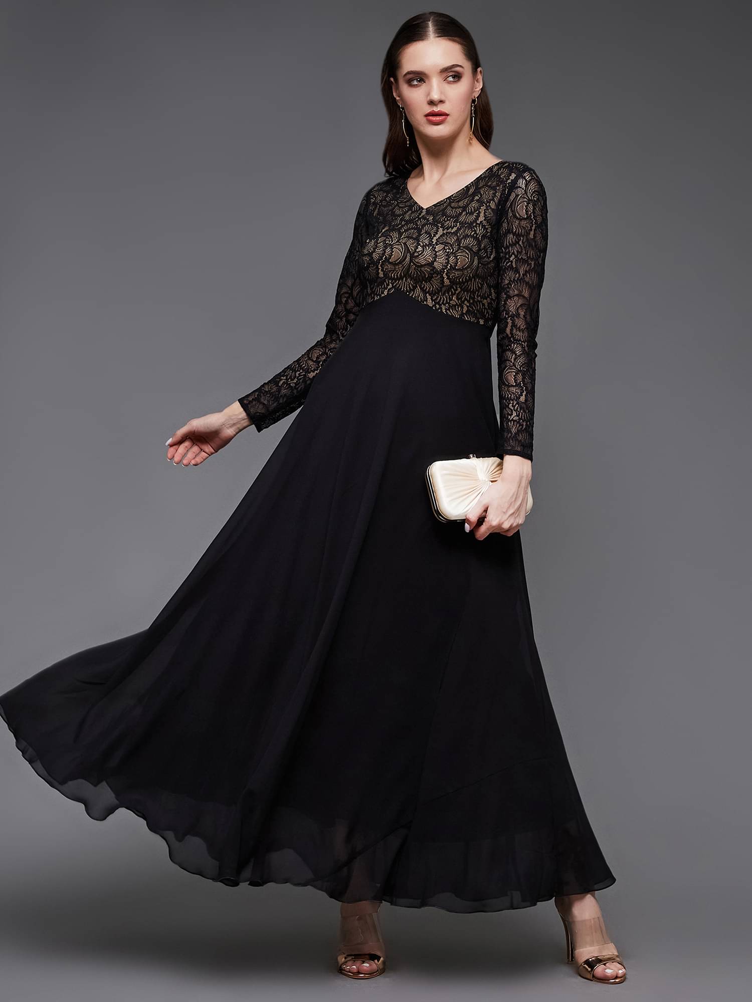 Miss Chase Georgette Self Design Full Length Women's Fit & Flare Dress - Black ( Pack of 1 ) Miss Chase Georgette Self Design Full Length Women's Fit & Flare Dress - Black ( Pack of 1 )