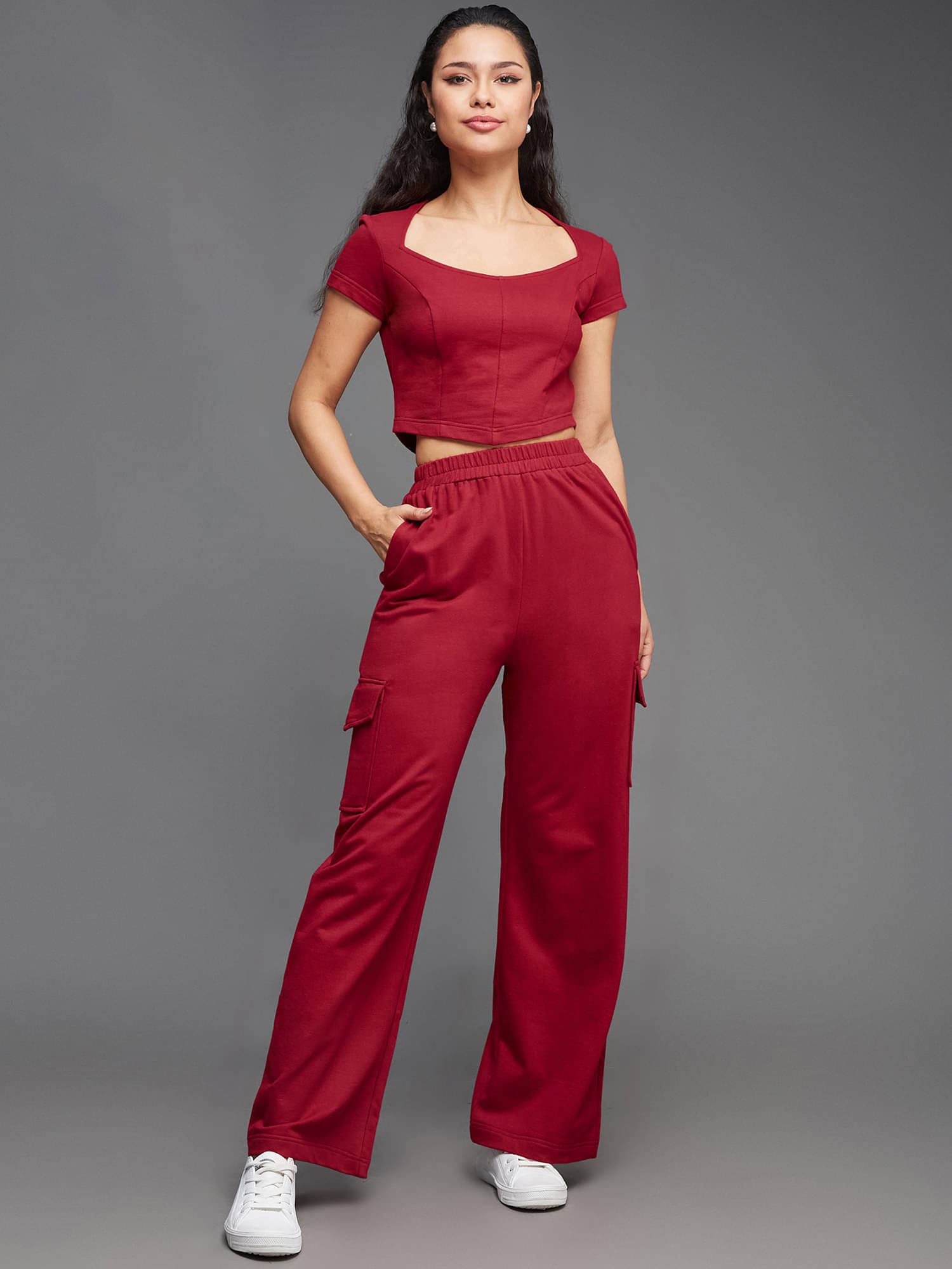     			Miss Chase Women Solid Top With Trousers Co-Ord Set ( Maroon )