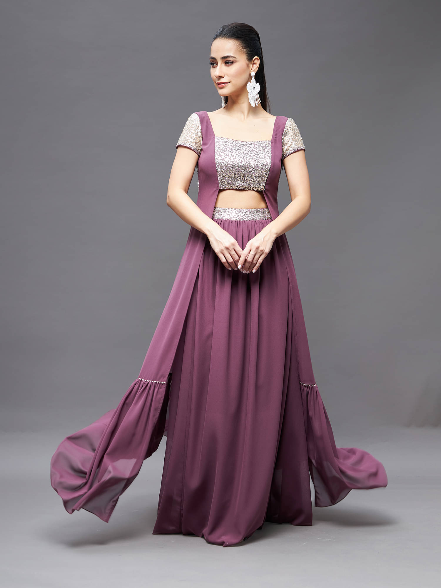     			Miss Chase Women Embellished Top With Skirt Co-Ord Set ( Mauve )