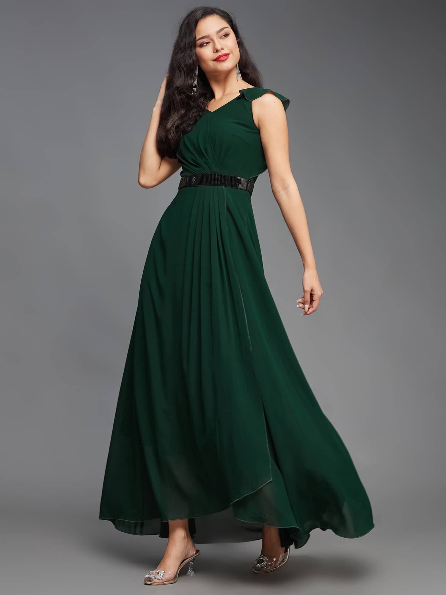 Miss Chase Women Polyester Solid Wrap Dress ( Green ) Miss Chase Women Polyester Solid Wrap Dress ( Green )