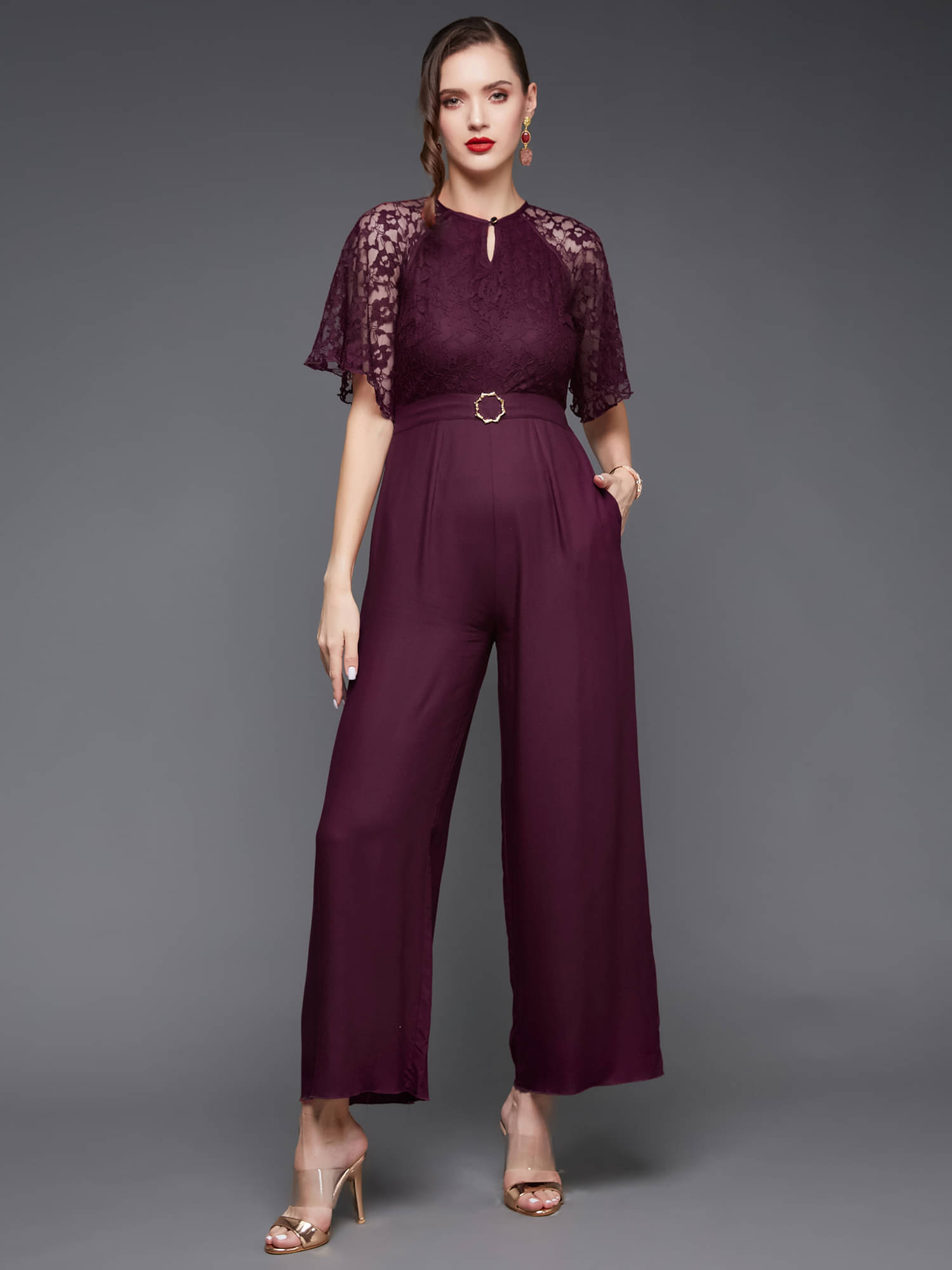 Miss Chase Wine Rayon Regular Fit Women's Jumpsuit ( Pack of 1 ) Miss Chase Wine Rayon Regular Fit Women's Jumpsuit ( Pack of 1 )