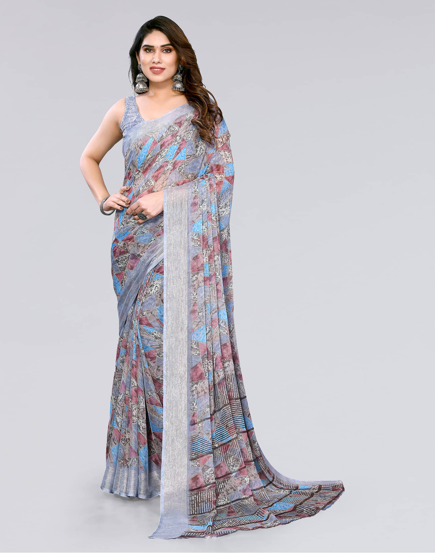     			Samah Chiffon Printed Saree With Unstitched Blouse Piece ( Light Grey )