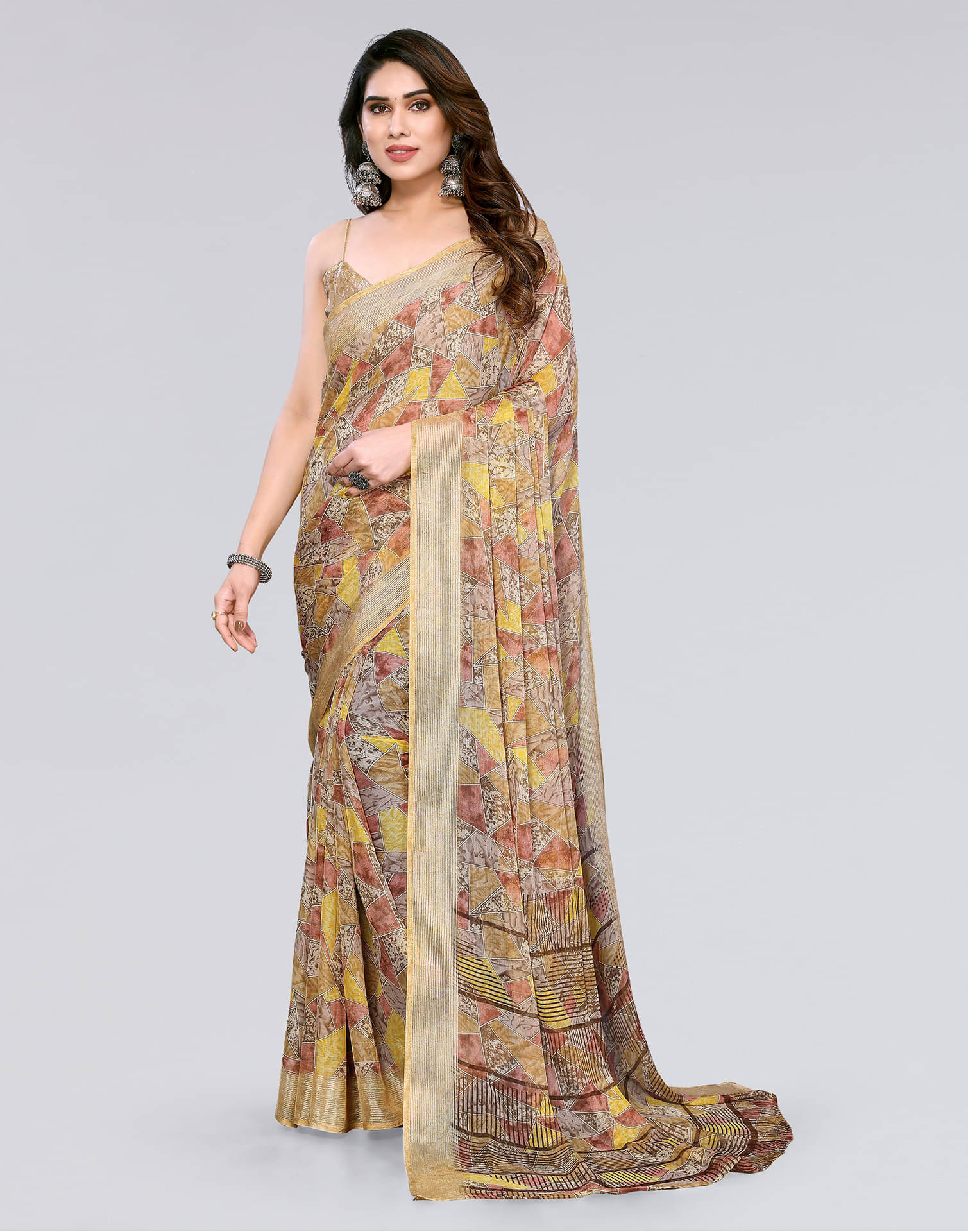     			Samah Chiffon Printed Saree With Unstitched Blouse Piece ( Beige )