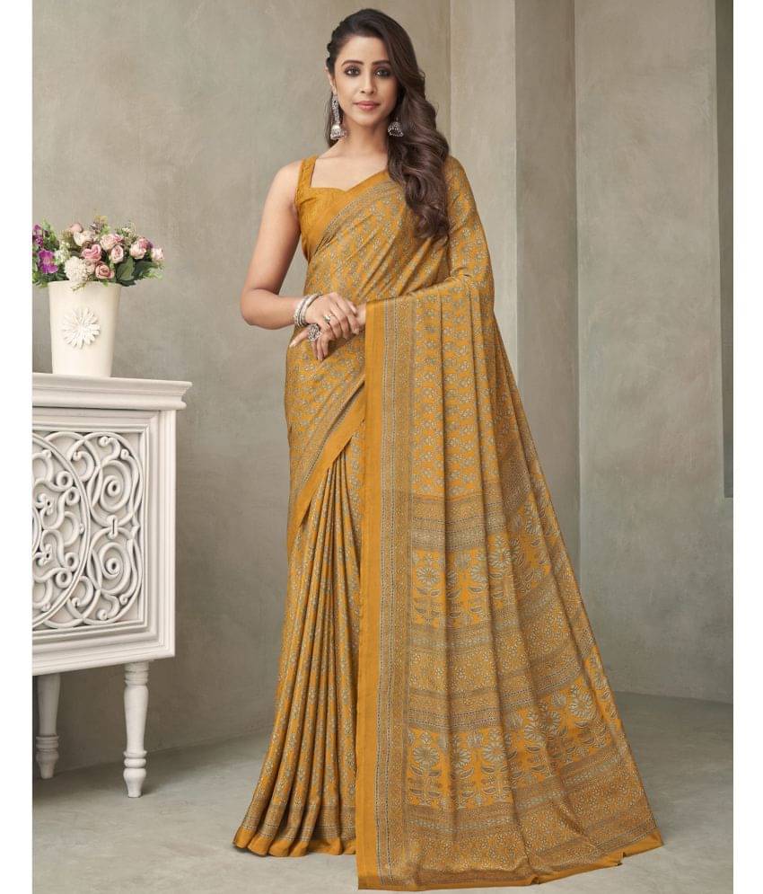 Samah Crepe Printed Saree With Unstitched Blouse Piece ( Mustard ) Samah Crepe Printed Saree With Unstitched Blouse Piece ( Mustard )