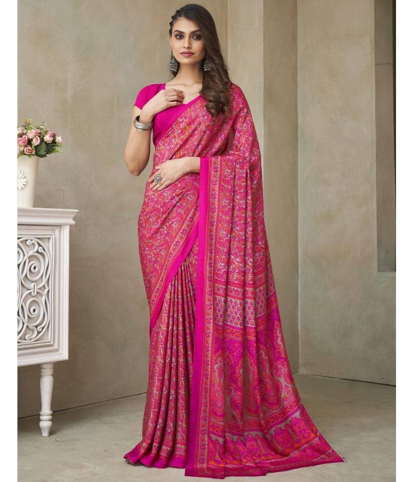 Samah Crepe Printed Saree With Unstitched Blouse Piece ( Rani ) Samah Crepe Printed Saree With Unstitched Blouse Piece ( Rani )