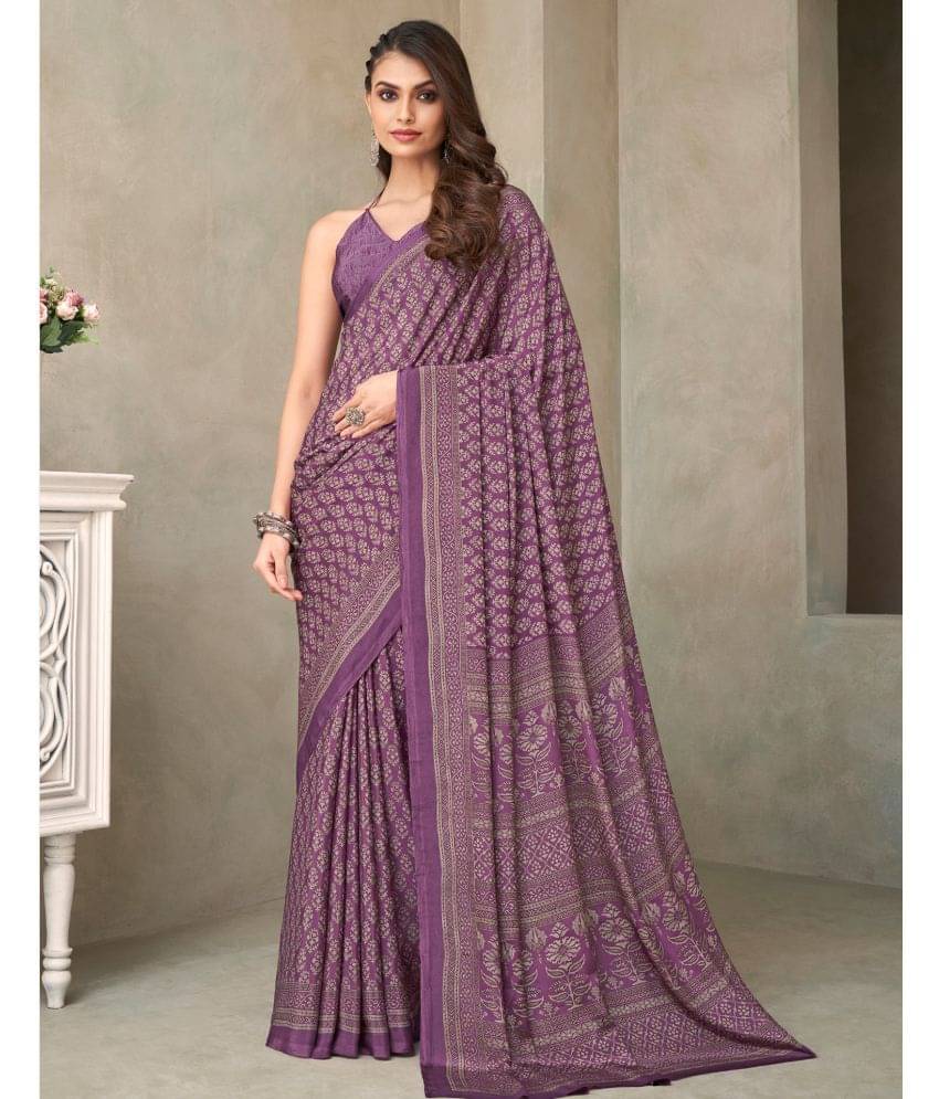 Samah Crepe Printed Saree With Unstitched Blouse Piece ( Purple ) Samah Crepe Printed Saree With Unstitched Blouse Piece ( Purple )