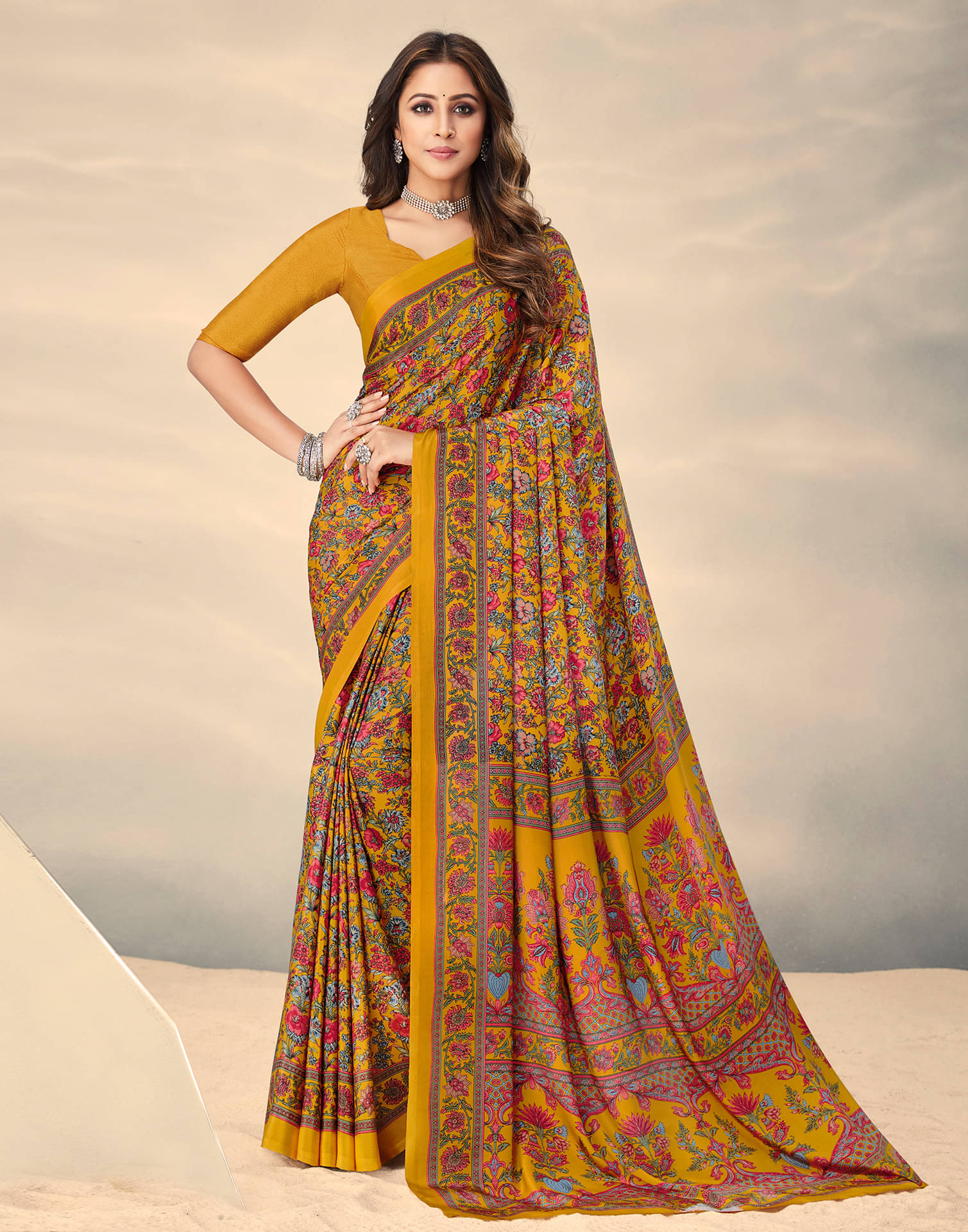     			Samah Silk Printed Saree With Unstitched Blouse Piece ( Yellow )