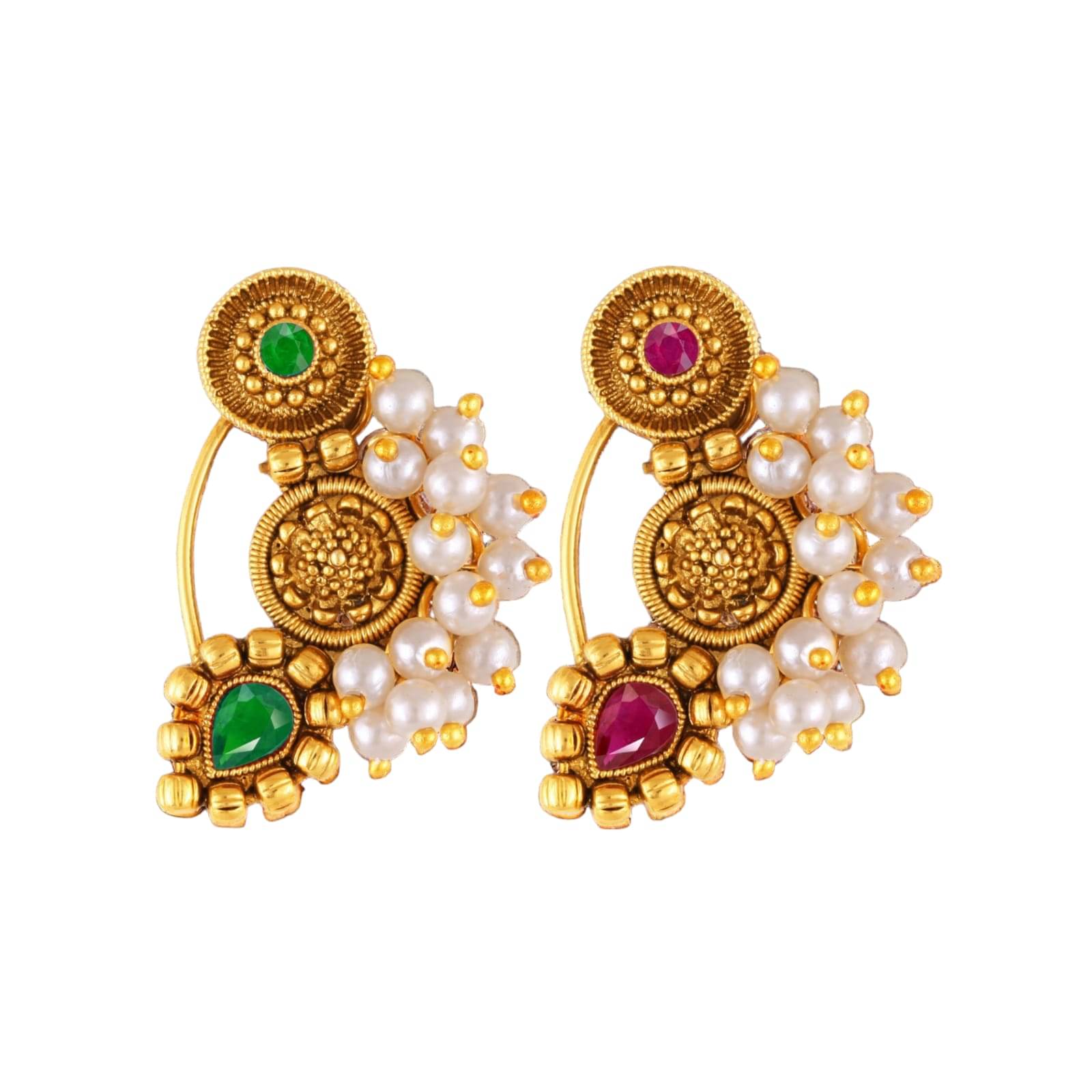     			Vivastri Premium  Guccheddar Pearl Studded Maharashtrian Style Nath For Women & Girls-VIVA1168NTH-CMB(RED-GREEN)