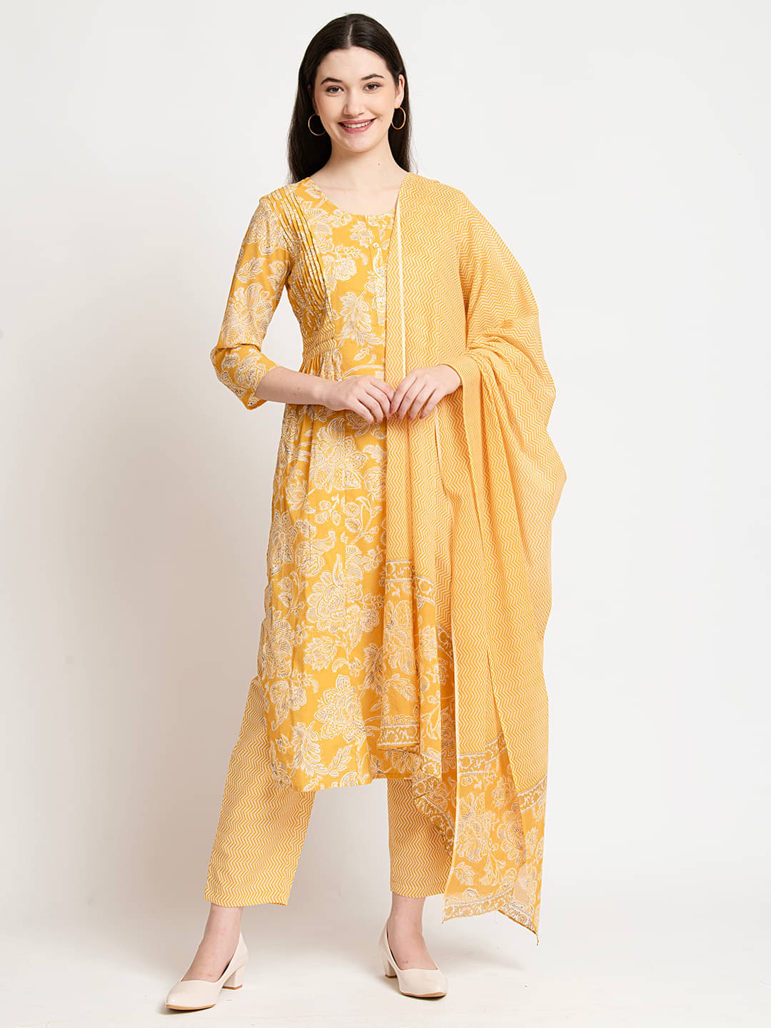     			Vyom Tara Cotton Printed Kurti With Pants Women's Stitched Salwar Suit - Yellow ( Pack of 1 )