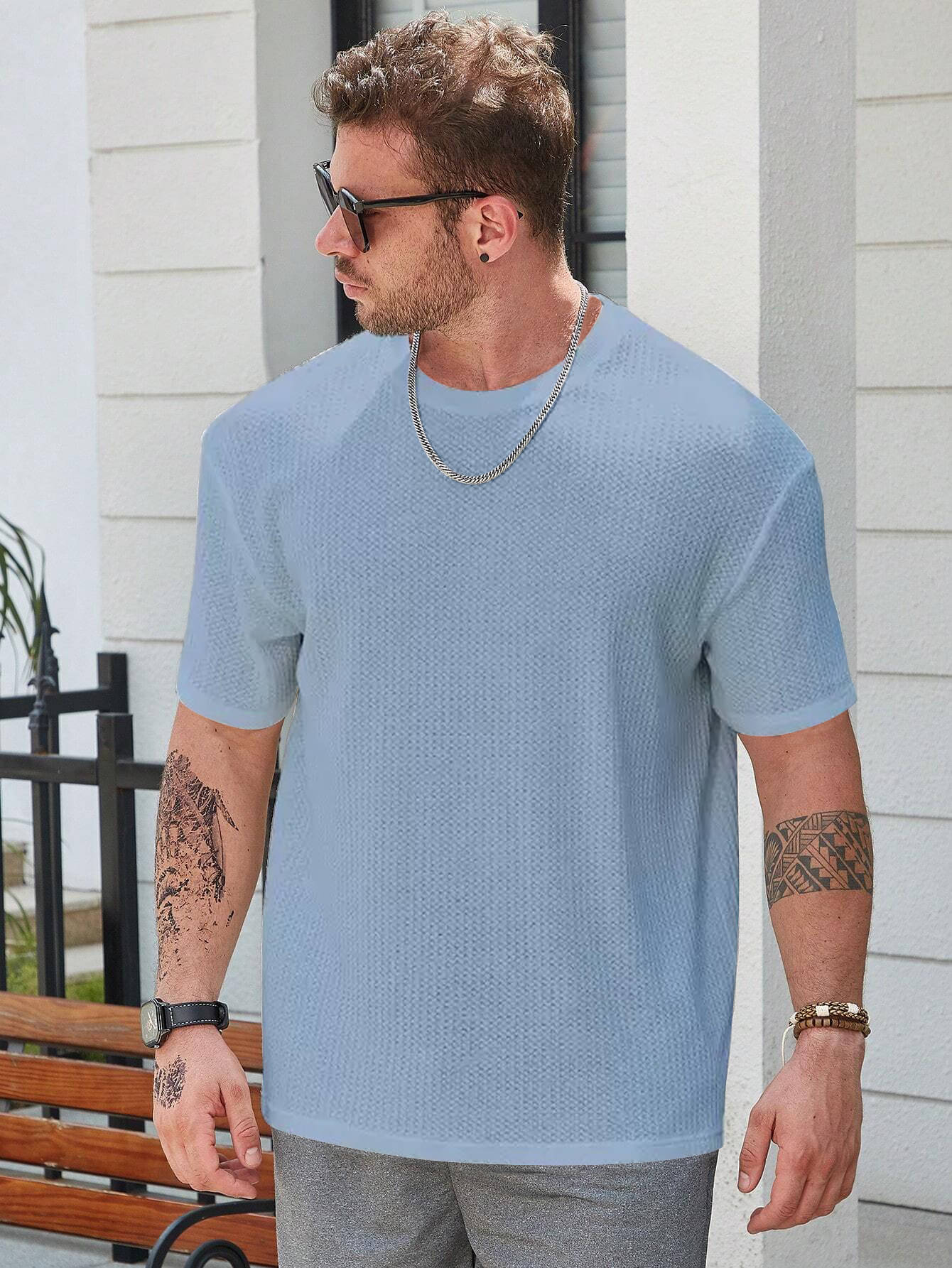 fashion and youth Pack of 1 Cotton Blend Oversized Fit Men's T-Shirt ( Light Blue ) fashion and youth Pack of 1 Cotton Blend Oversized Fit Men's T-Shirt ( Light Blue )