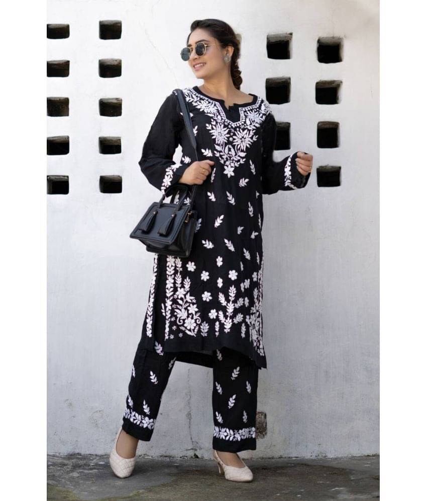 kedar fab Rayon Embroidered Kurti With Pants Women's Stitched Salwar Suit - Black ( Pack of 1 )     			kedar fab Rayon Embroidered Kurti With Pants Women's Stitched Salwar Suit - Black ( Pack of 1 )