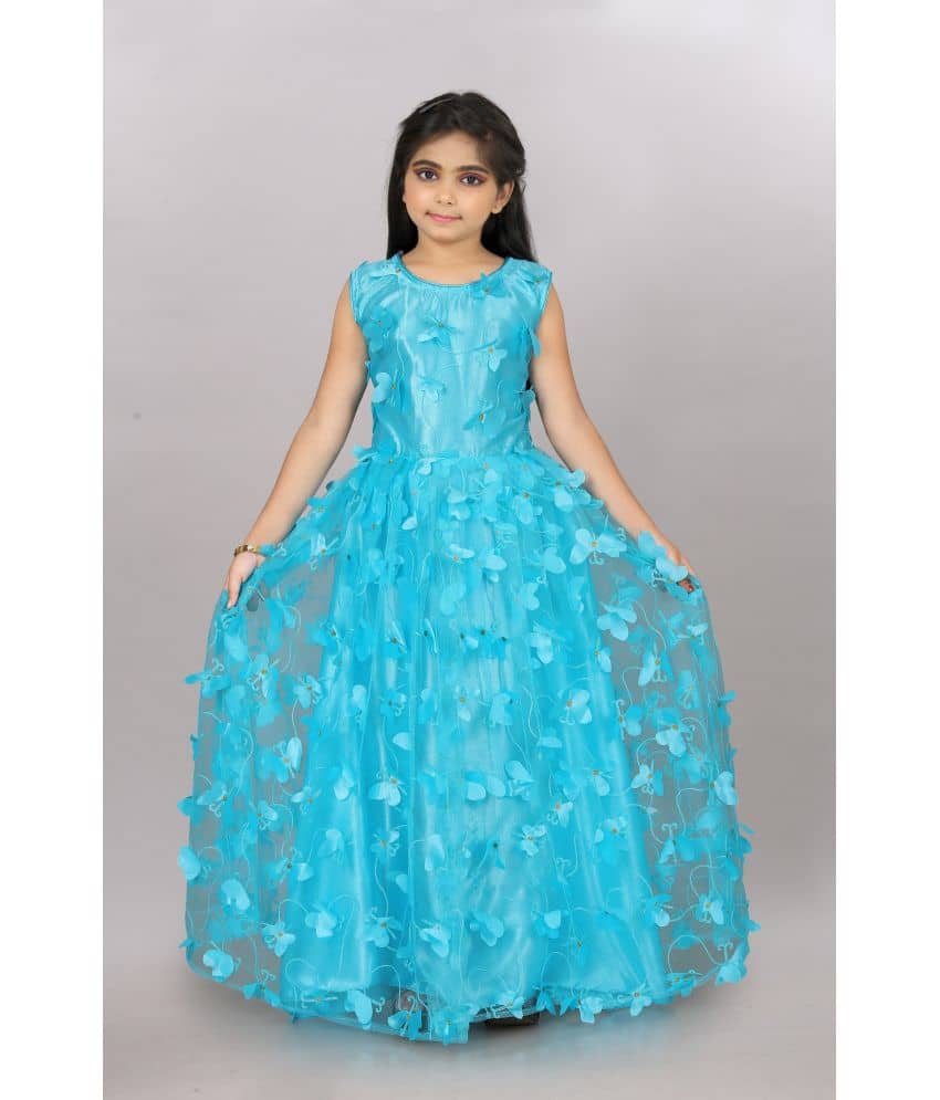 A TO Z CART Net Fit And Flare Dress For Girls ( Pack of 1 , Turquoise )