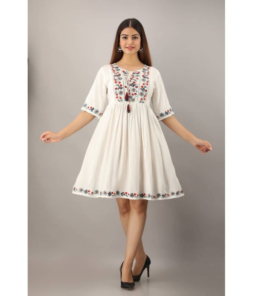 ASHISH PRINT Women Rayon Printed A-line Dress ( White )