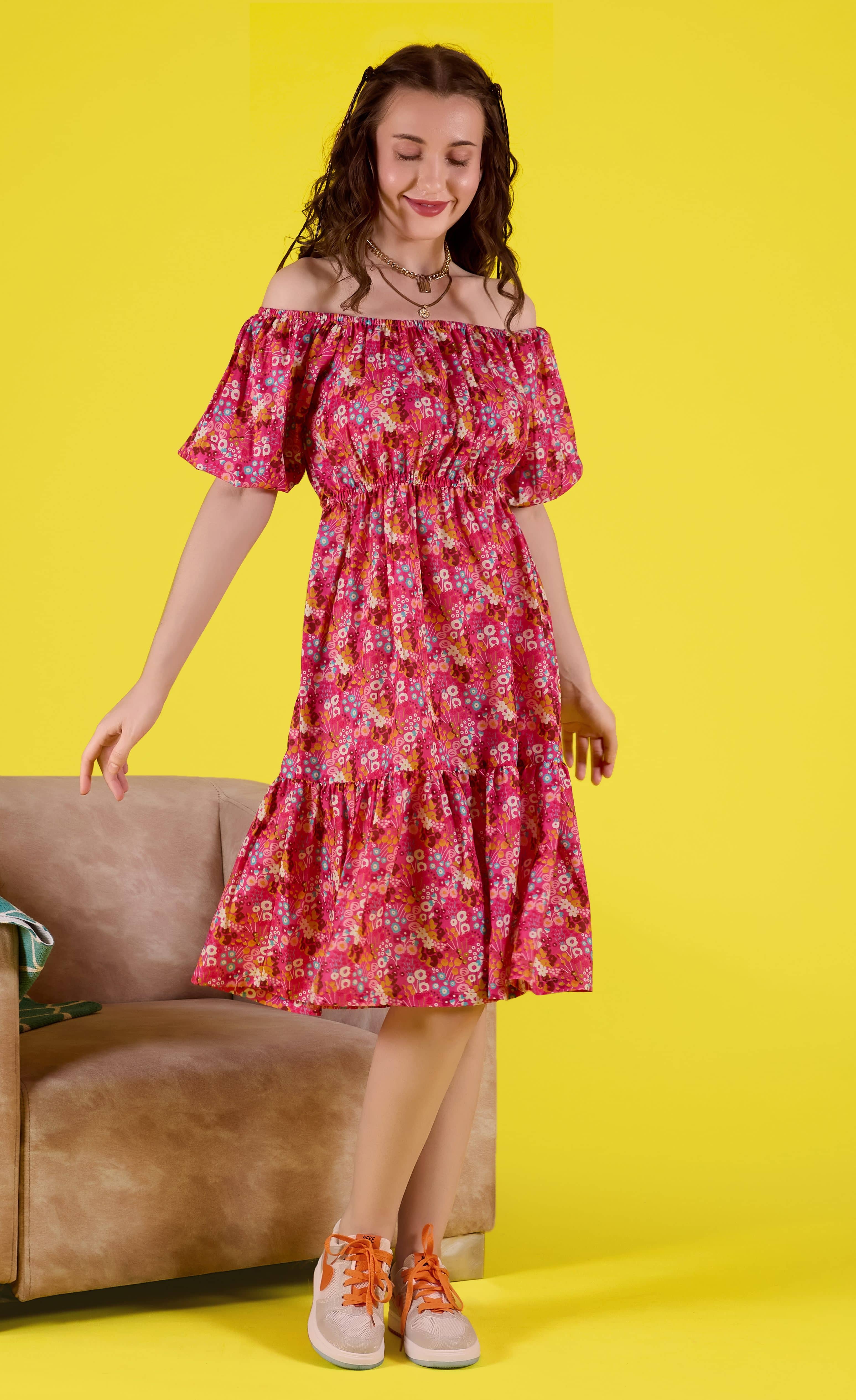 Amarasha Women Cotton Blend Printed Fit & Flare Dress ( Pink )