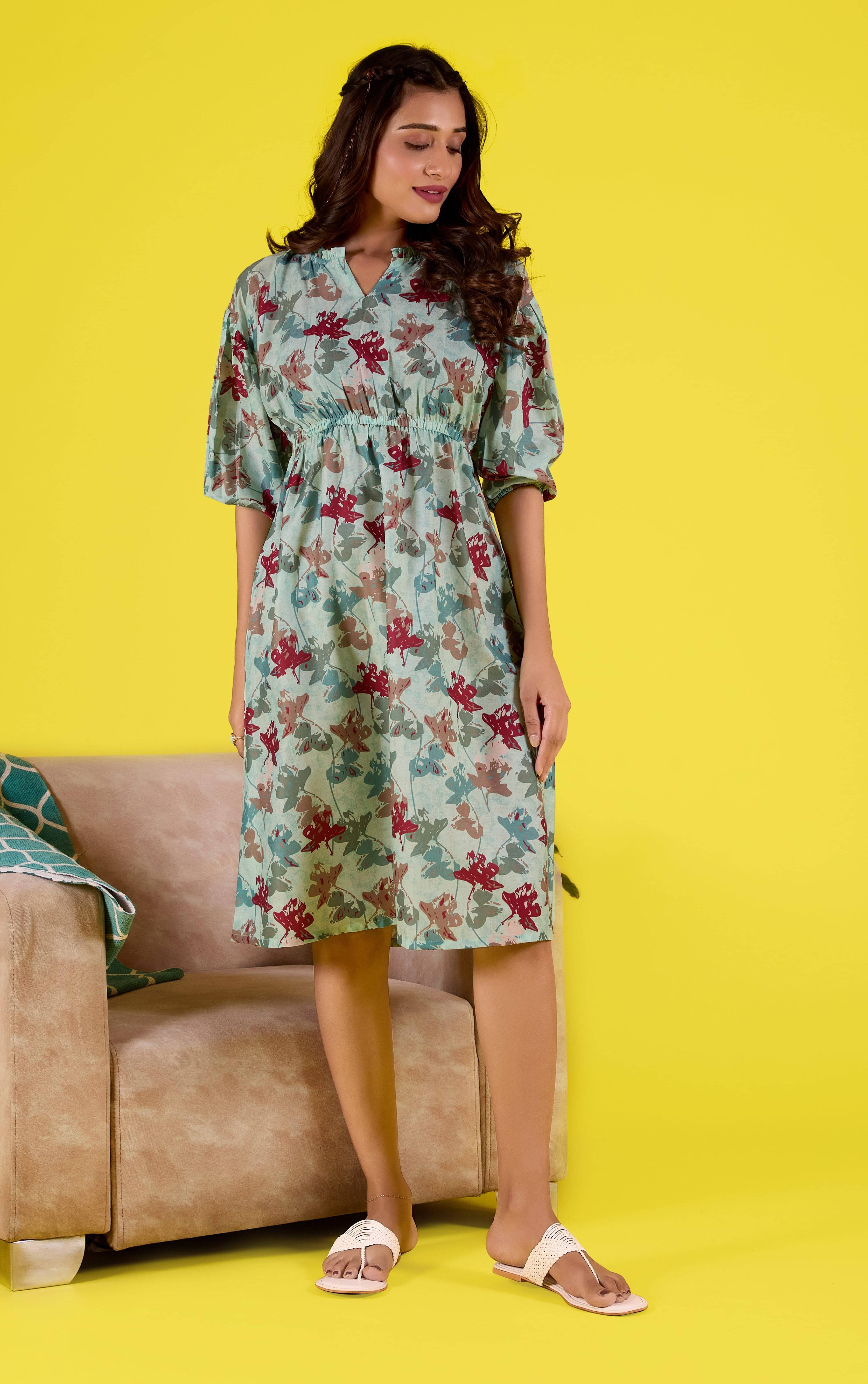     			Amarasha Women Cotton Blend Printed Fit & Flare Dress ( Green )