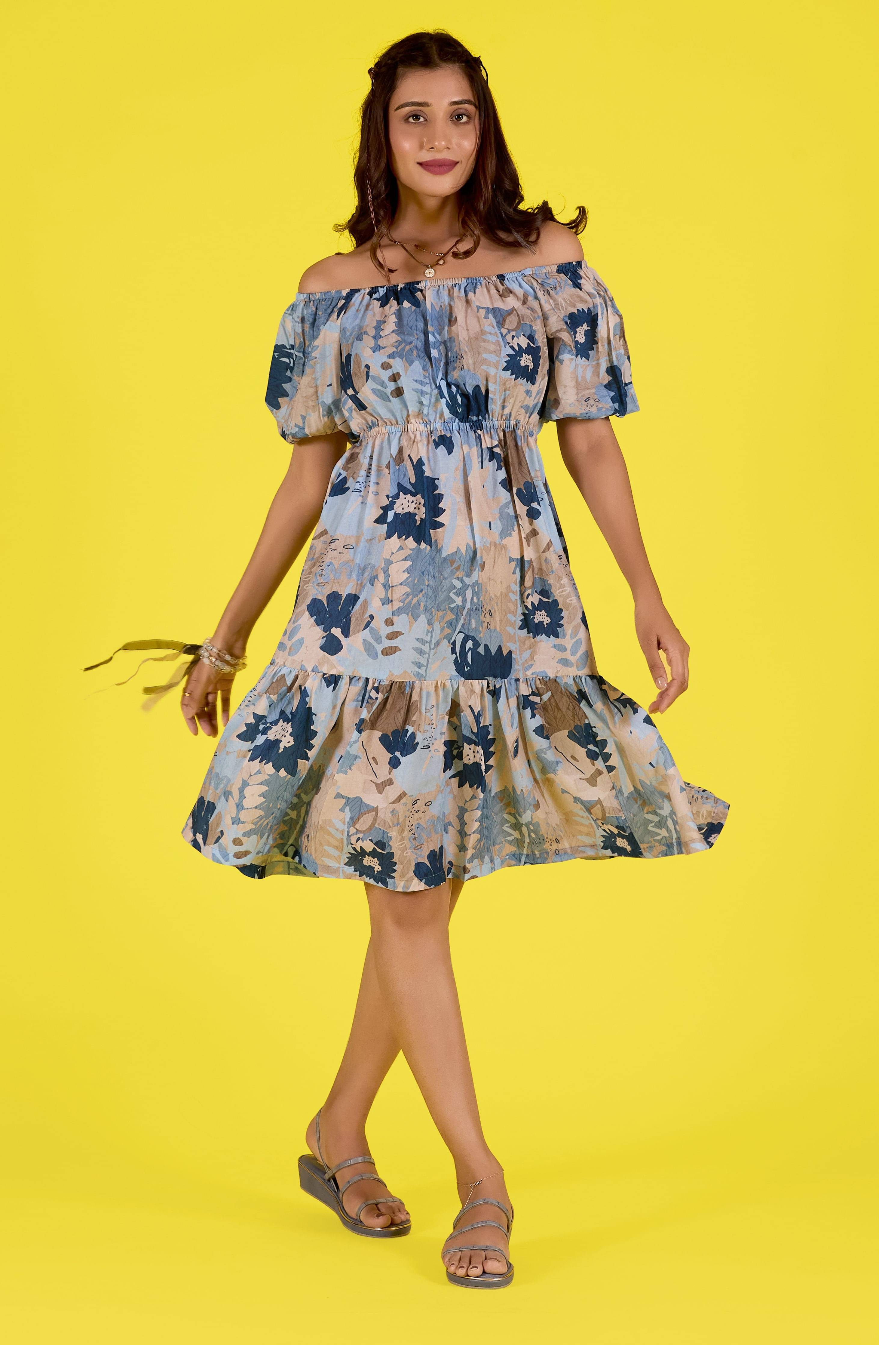     			Amarasha Women Cotton Blend Printed Fit & Flare Dress ( Blue )