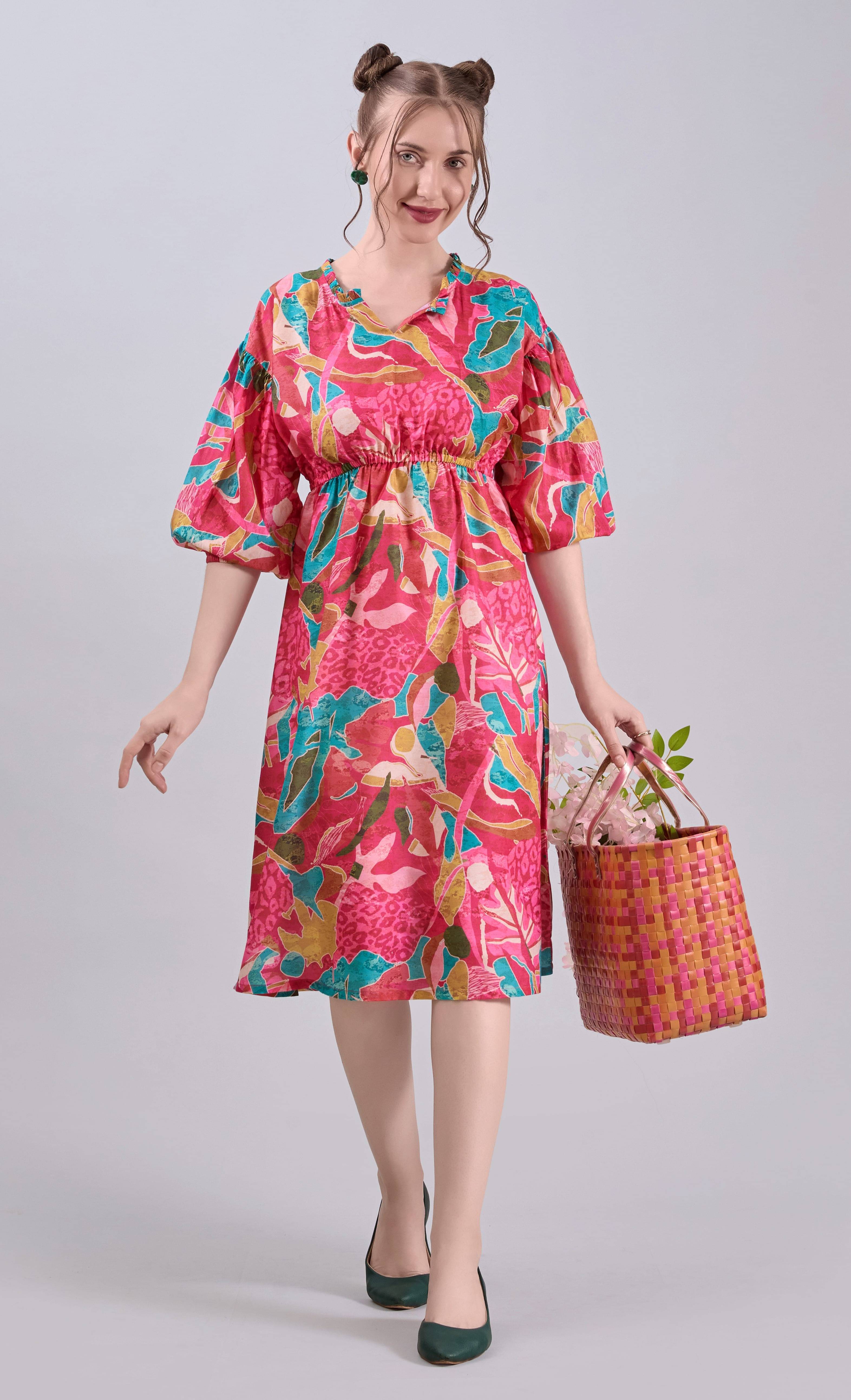    			Amarasha Women Cotton Blend Printed Fit & Flare Dress ( Pink )
