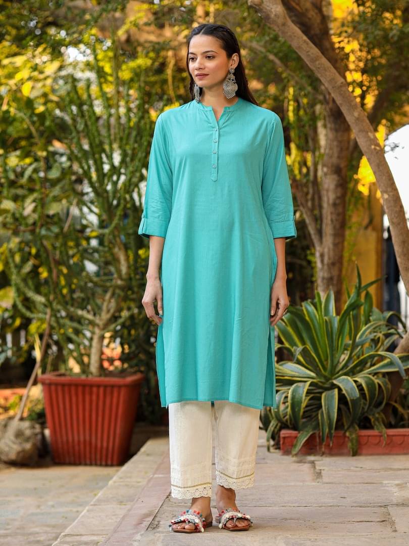     			Juniper Rayon Solid Straight Women's Kurti - Teal ( Pack of 1 )