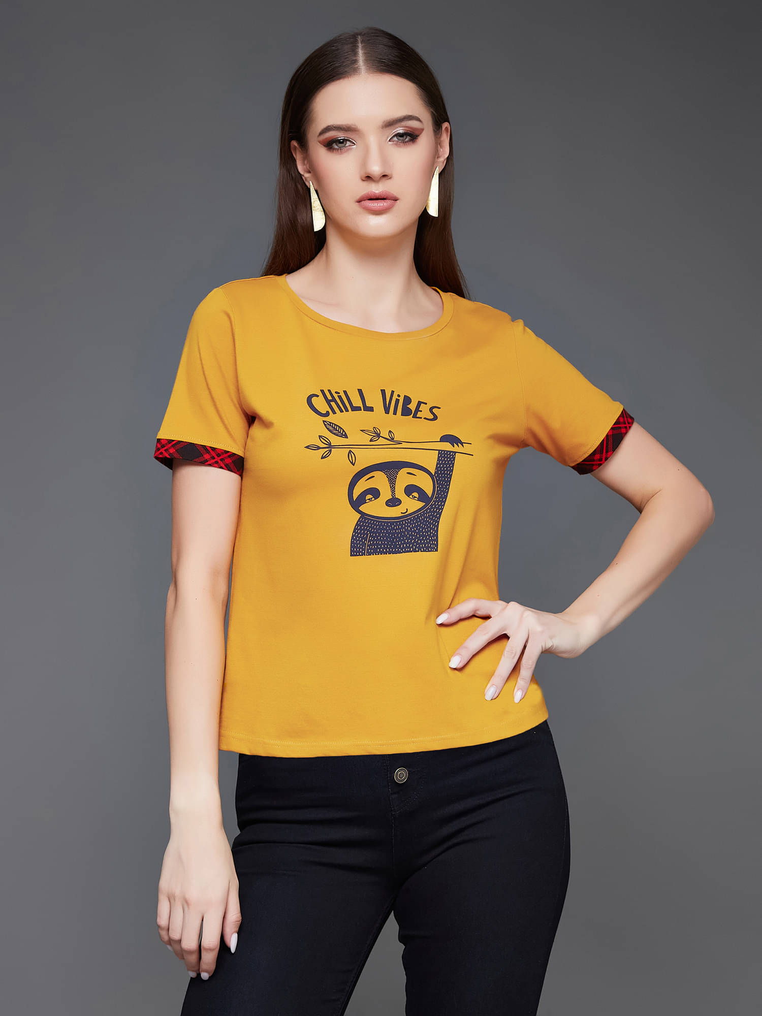     			Miss Chase Women Cotton Printed Regular Fit Round Neck T-Shirt ( Mustard )