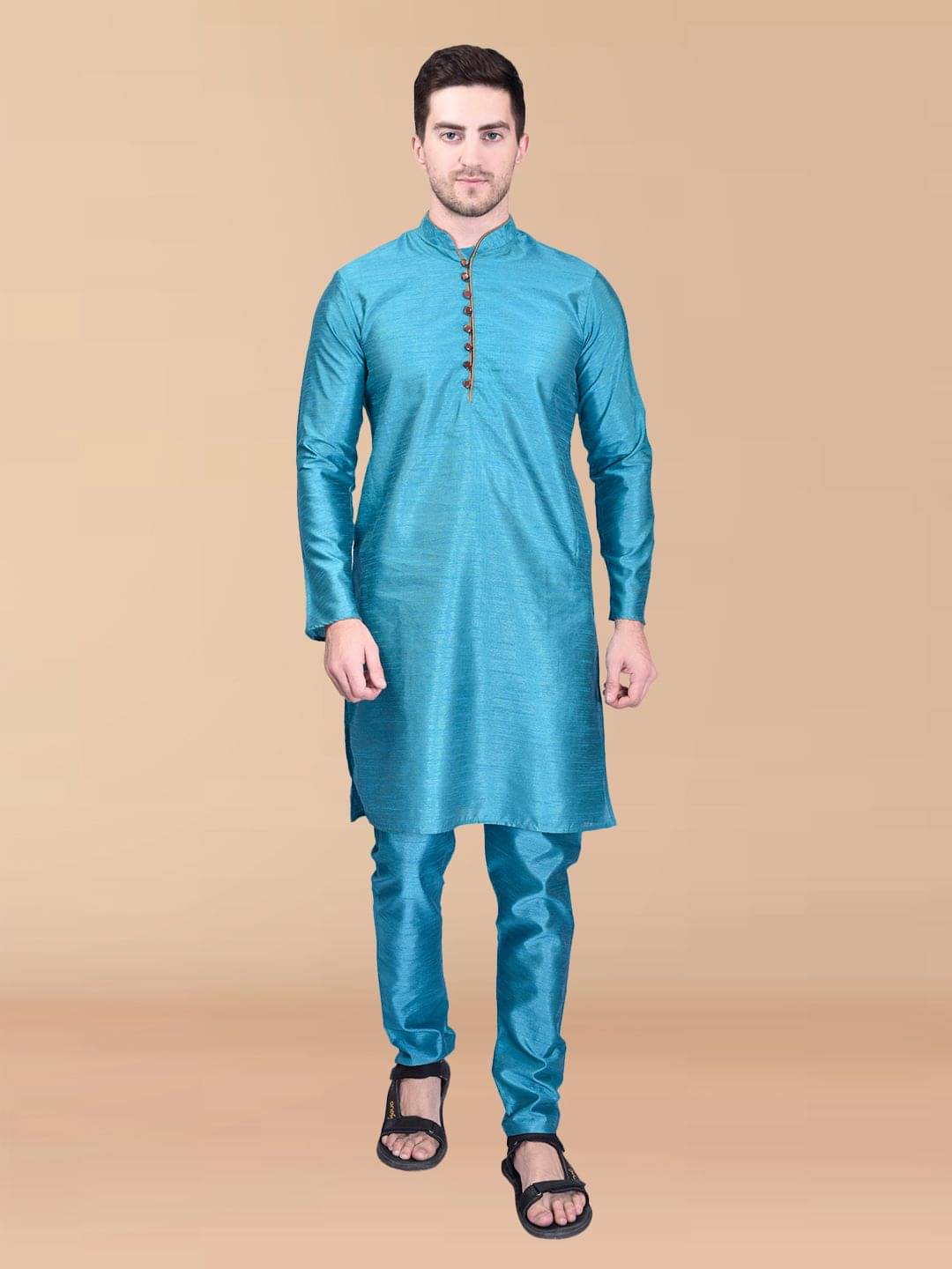     			PRINTCULTR Blue Silk Regular Fit Men's Kurta Pyjama Set ( Pack of 1 )