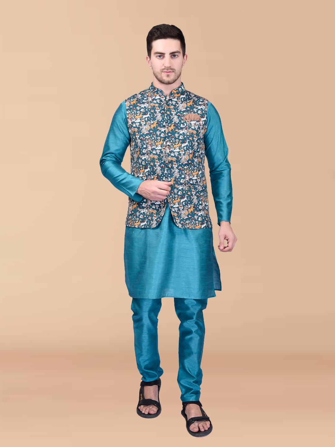     			PRINTCULTR Blue Silk Regular Fit Men's Kurta Pyjama Set ( Pack of 1 )