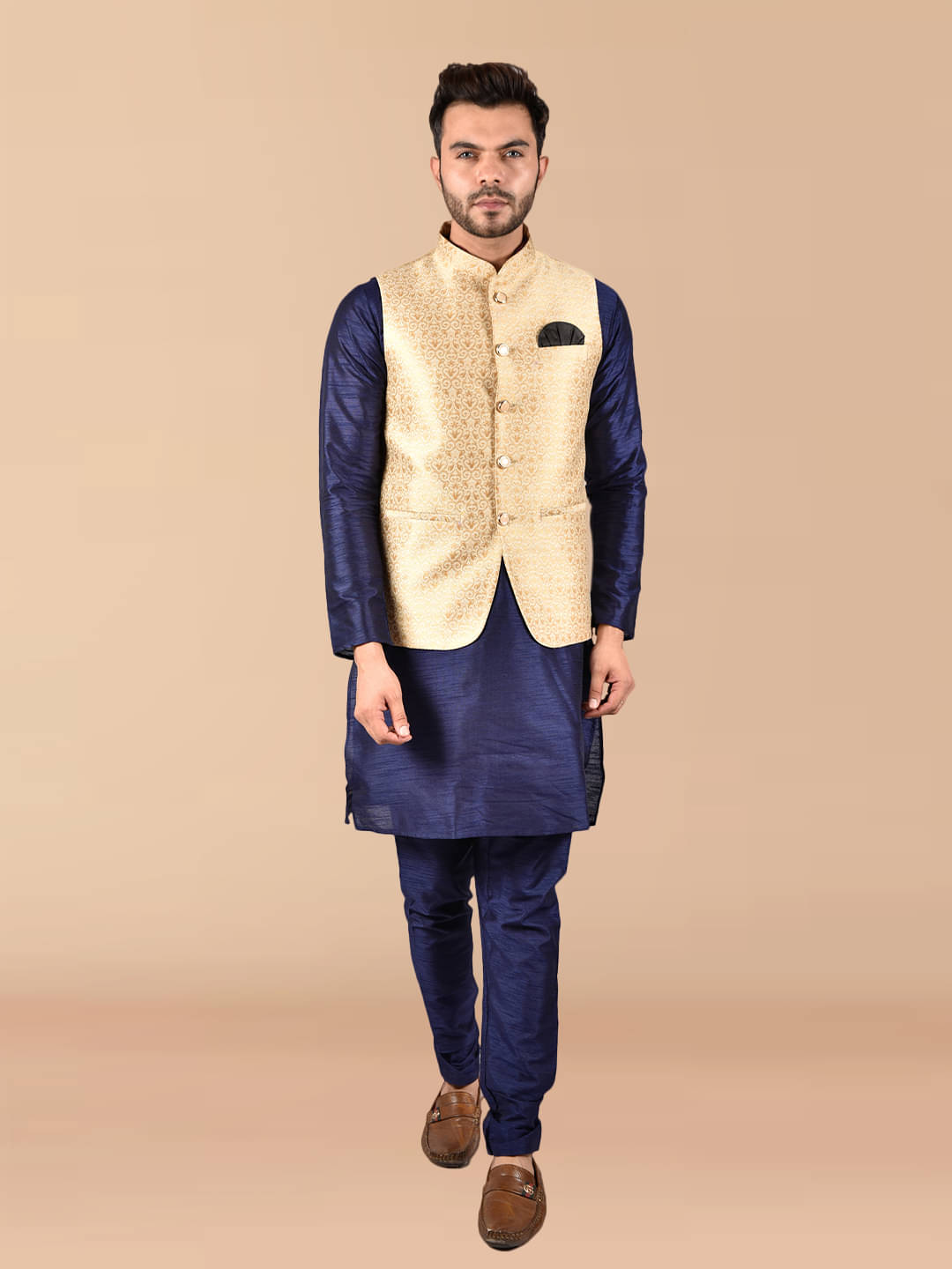     			PRINTCULTR Navy Silk Regular Fit Men's Kurta Pyjama Set ( Pack of 1 )