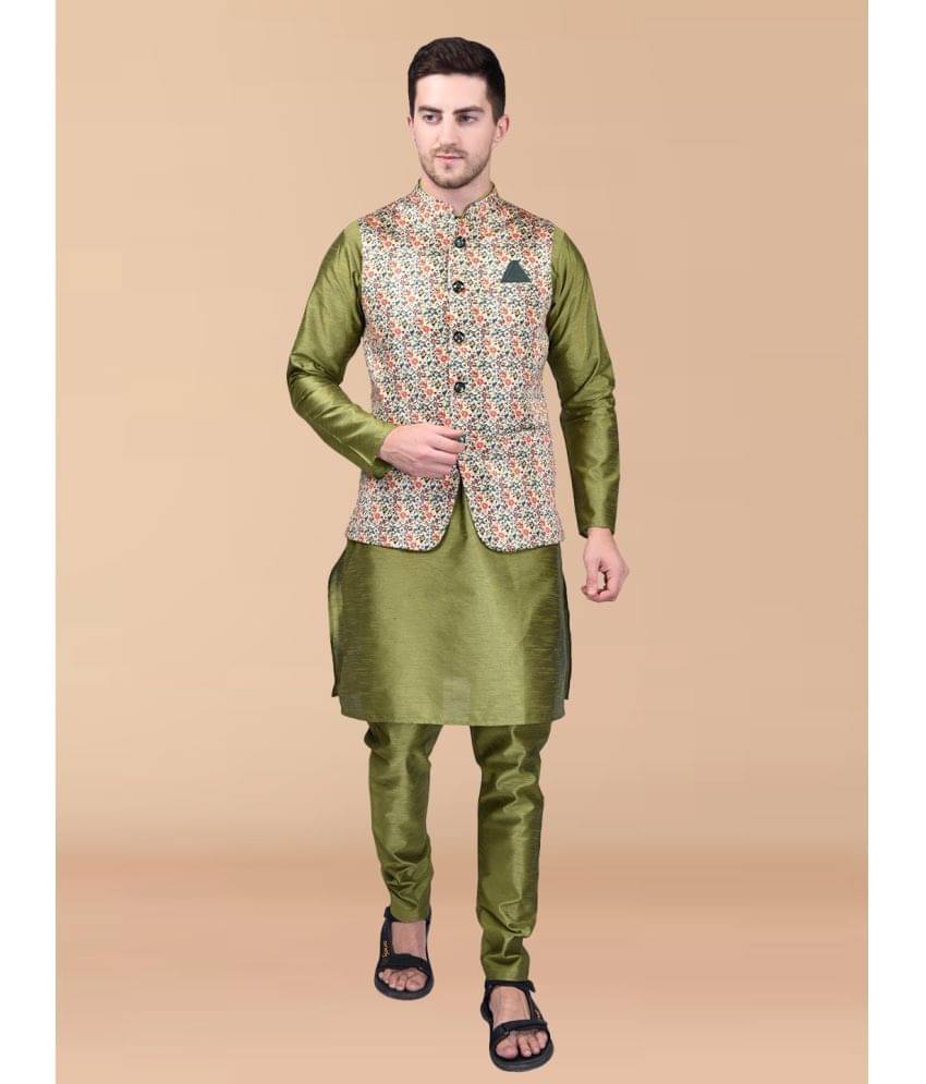 PRINTCULTR Olive Green Silk Regular Fit Men's Kurta Pyjama Set ( Pack of 1 ) PRINTCULTR Olive Green Silk Regular Fit Men's Kurta Pyjama Set ( Pack of 1 )