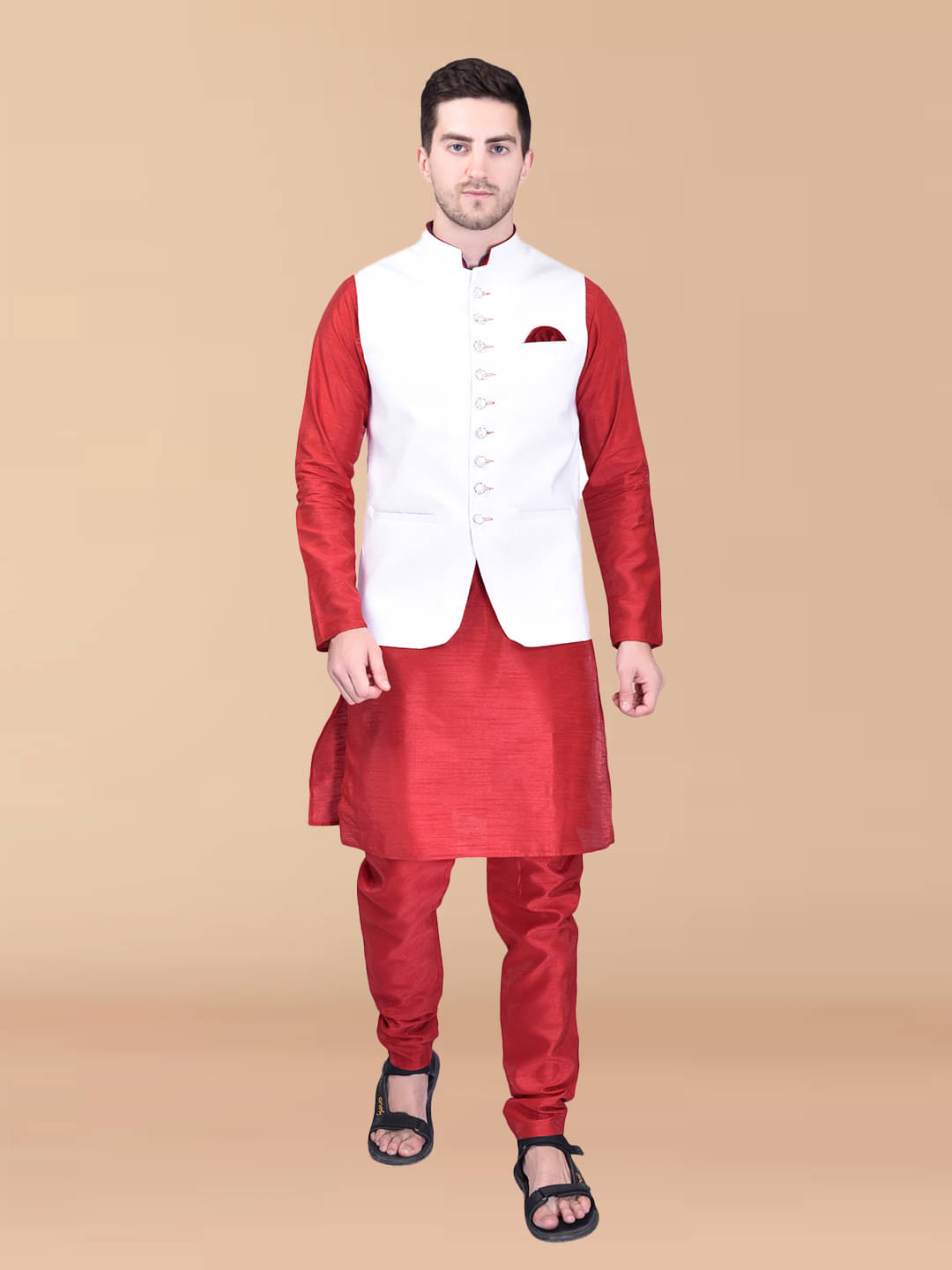 PRINTCULTR Red Silk Regular Fit Men's Kurta Pyjama Set ( Pack of 1 ) PRINTCULTR Red Silk Regular Fit Men's Kurta Pyjama Set ( Pack of 1 )