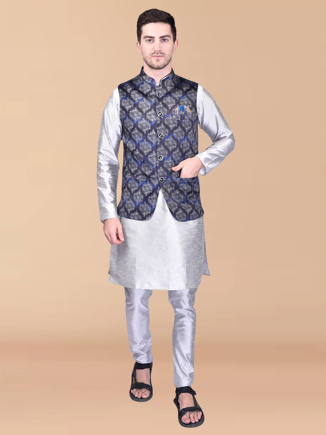 PRINTCULTR Silver Silk Regular Fit Men's Kurta Pyjama Set ( Pack of 1 ) PRINTCULTR Silver Silk Regular Fit Men's Kurta Pyjama Set ( Pack of 1 )