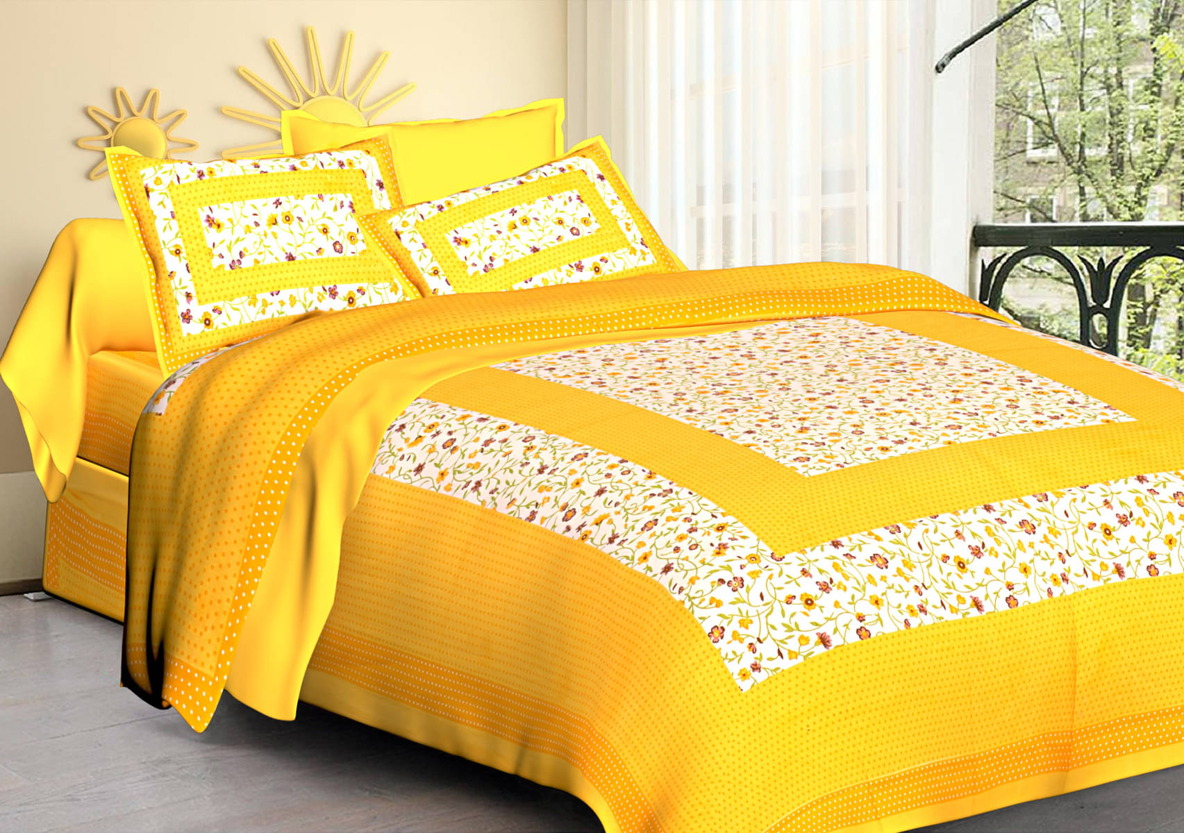     			Poorak Cotton 1 Double Bedsheet with 2 Pillow Covers ( Yellow )