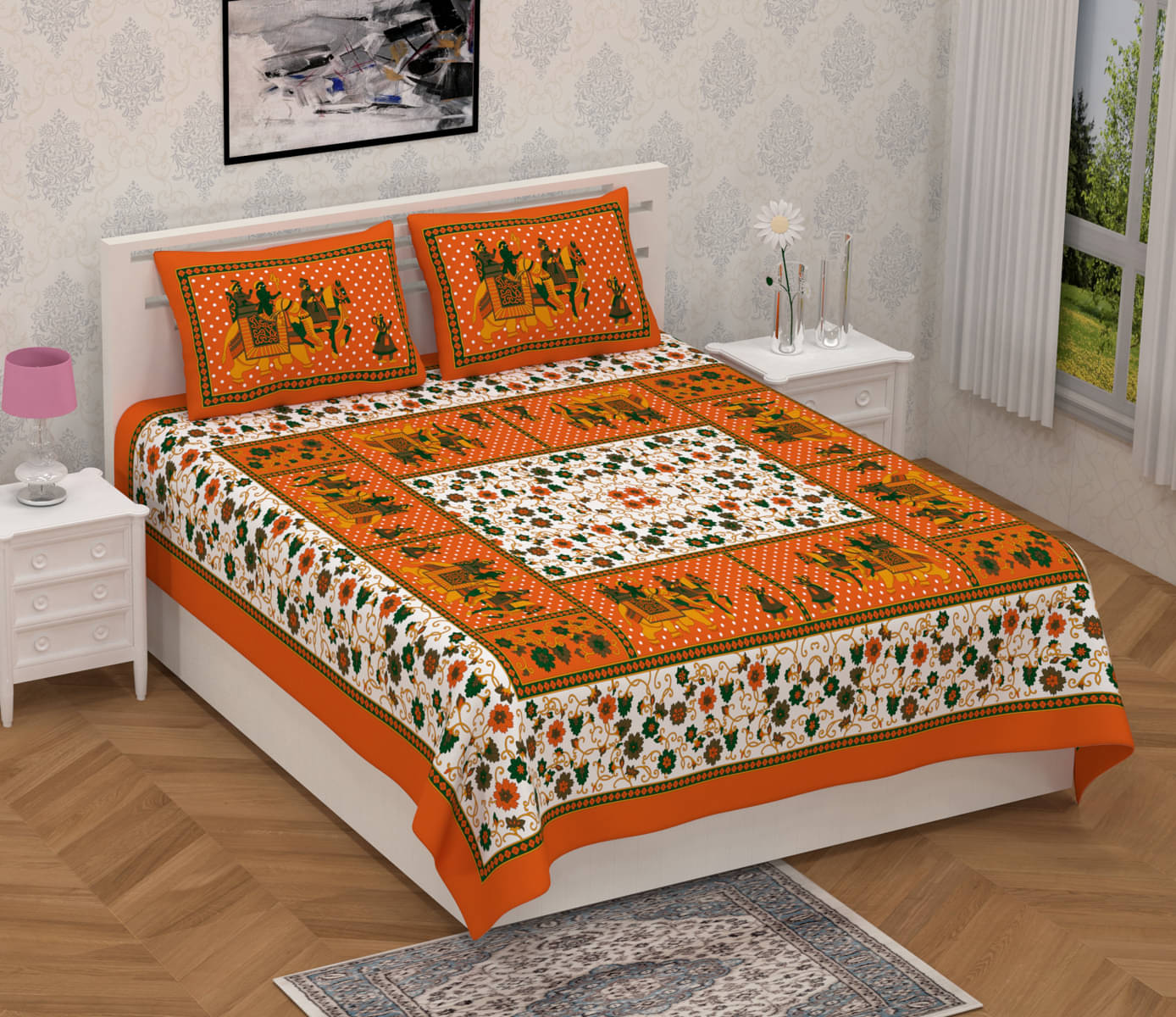     			Poorak Cotton 1 Double Bedsheet with 2 Pillow Covers ( Orange )