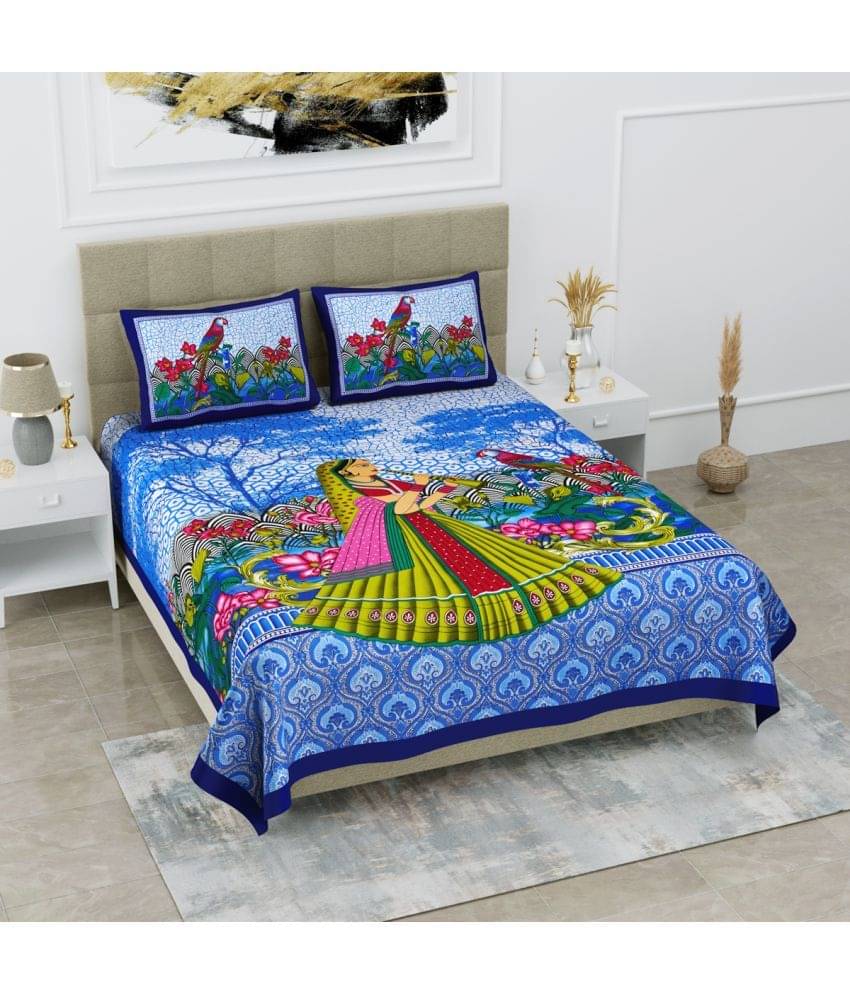     			Poorak Cotton 1 Double Bedsheet with 2 Pillow Covers ( Blue )