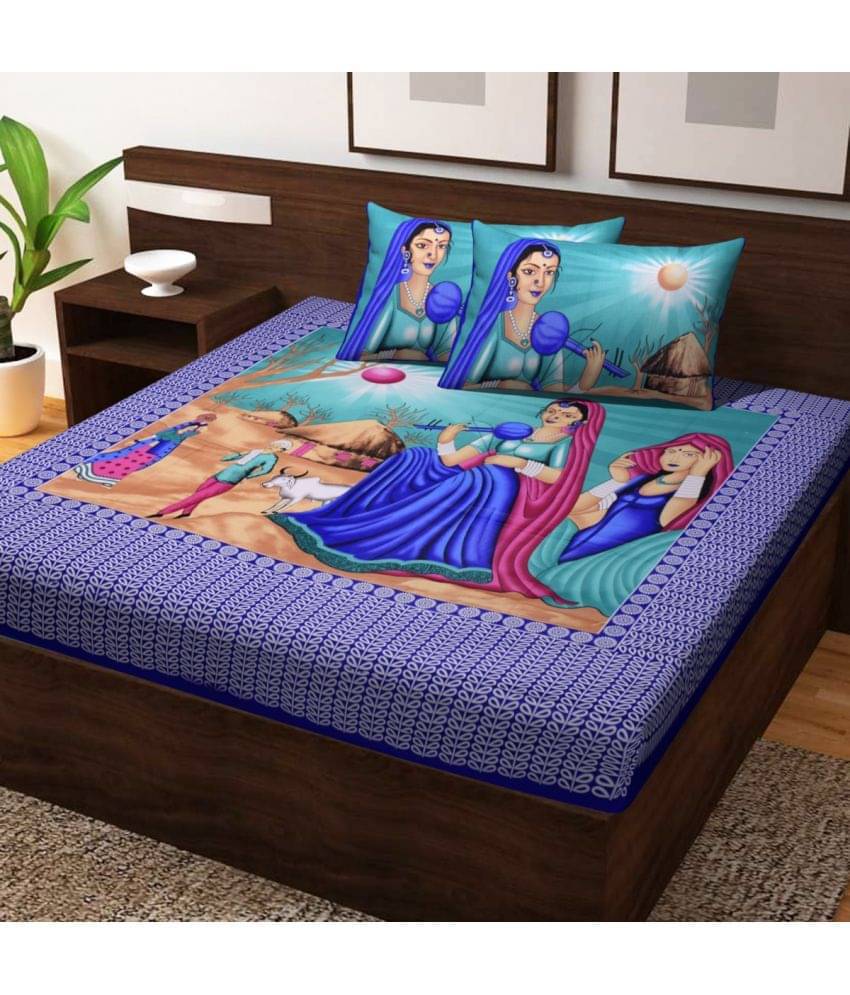     			Poorak Cotton 1 Double Bedsheet with 2 Pillow Covers ( Blue )