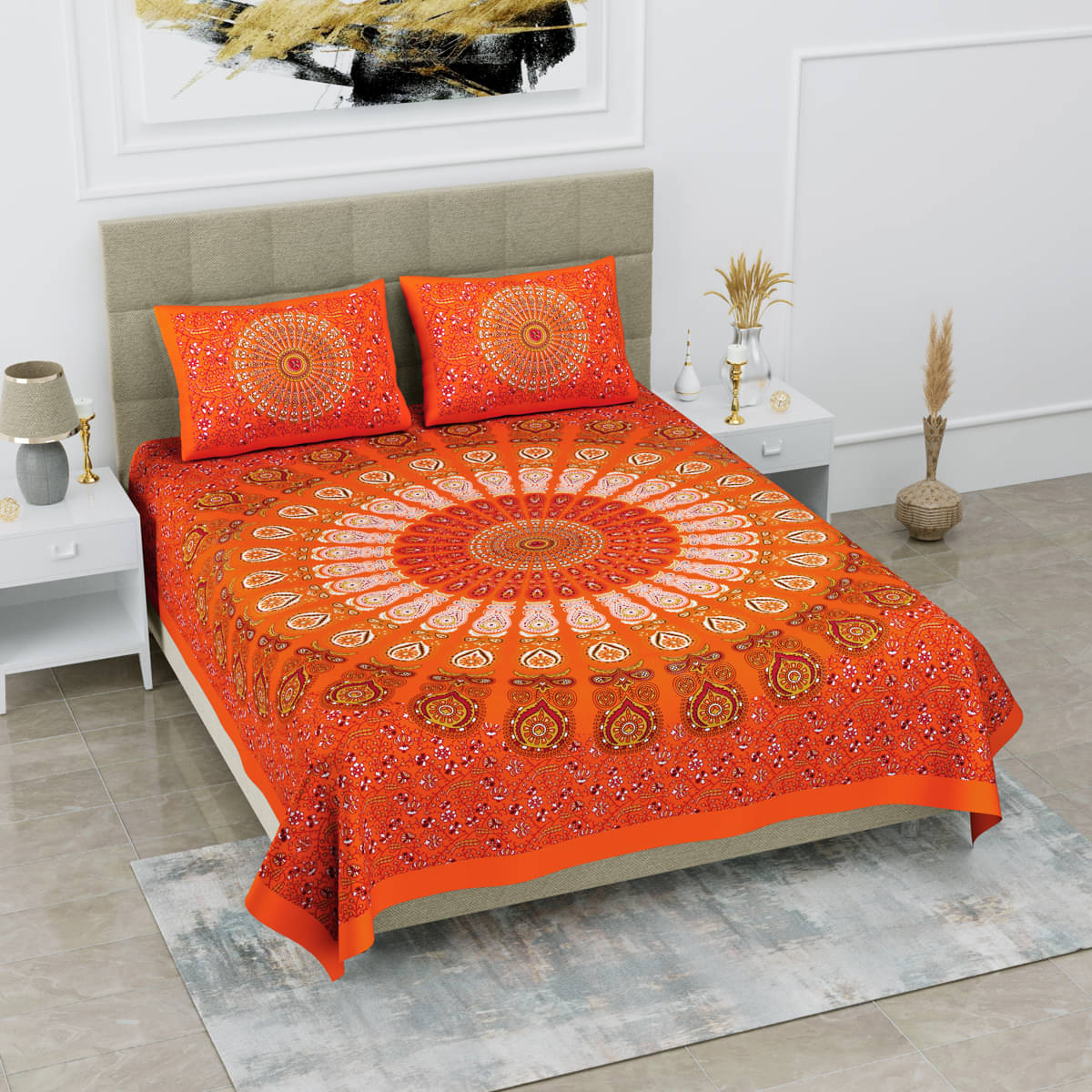 Poorak Cotton 1 Double Bedsheet with 2 Pillow Covers ( Orange ) Poorak Cotton 1 Double Bedsheet with 2 Pillow Covers ( Orange )