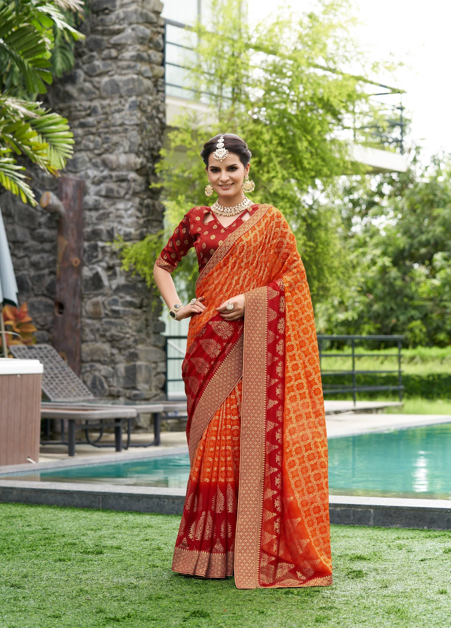 Rekha Maniyar Georgette Printed Saree With Unstitched Blouse Piece ( Orange ) Rekha Maniyar Georgette Printed Saree With Unstitched Blouse Piece ( Orange )