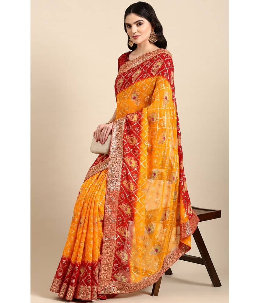 Rekha Maniyar Georgette Printed Saree With Unstitched Blouse Piece ( Yellow ) - Sarees | Buy online on ZillyBuy